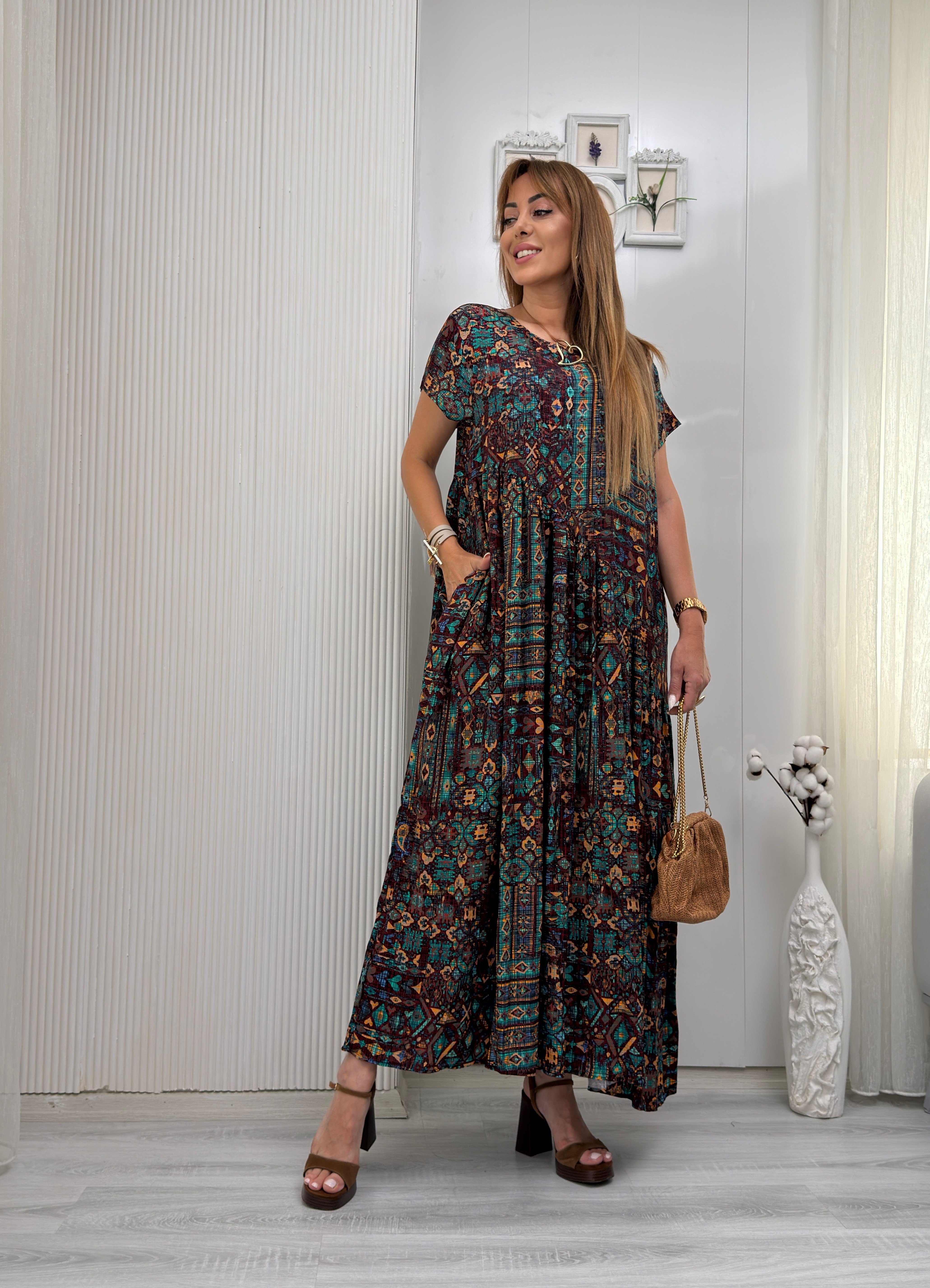 MODAYBUTİKBoho Dream Kilim Desenli Geniş Kesim Elbise