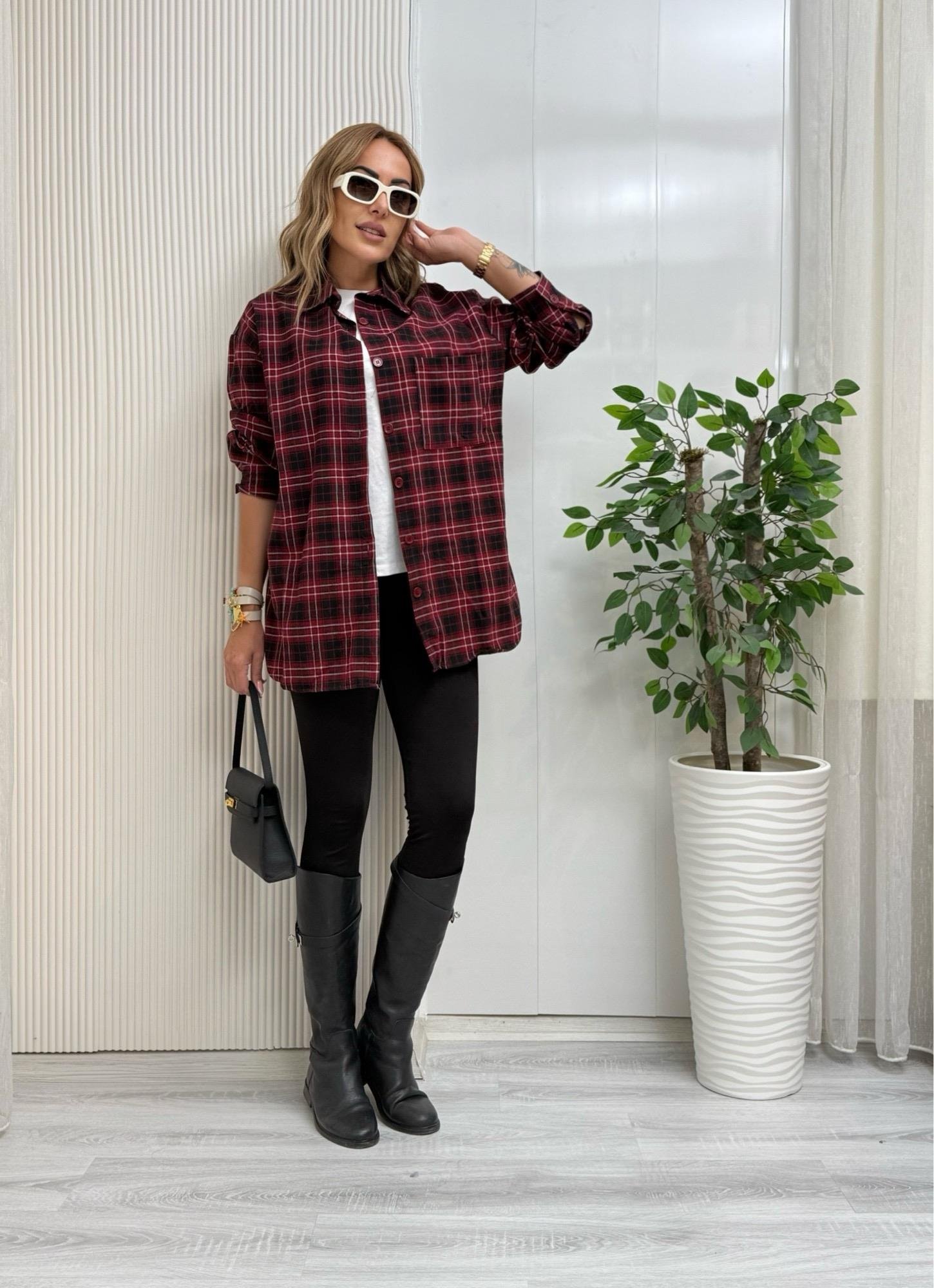 MODAYBUTİKBordo Kareli Oversize Oduncu Gömlek 