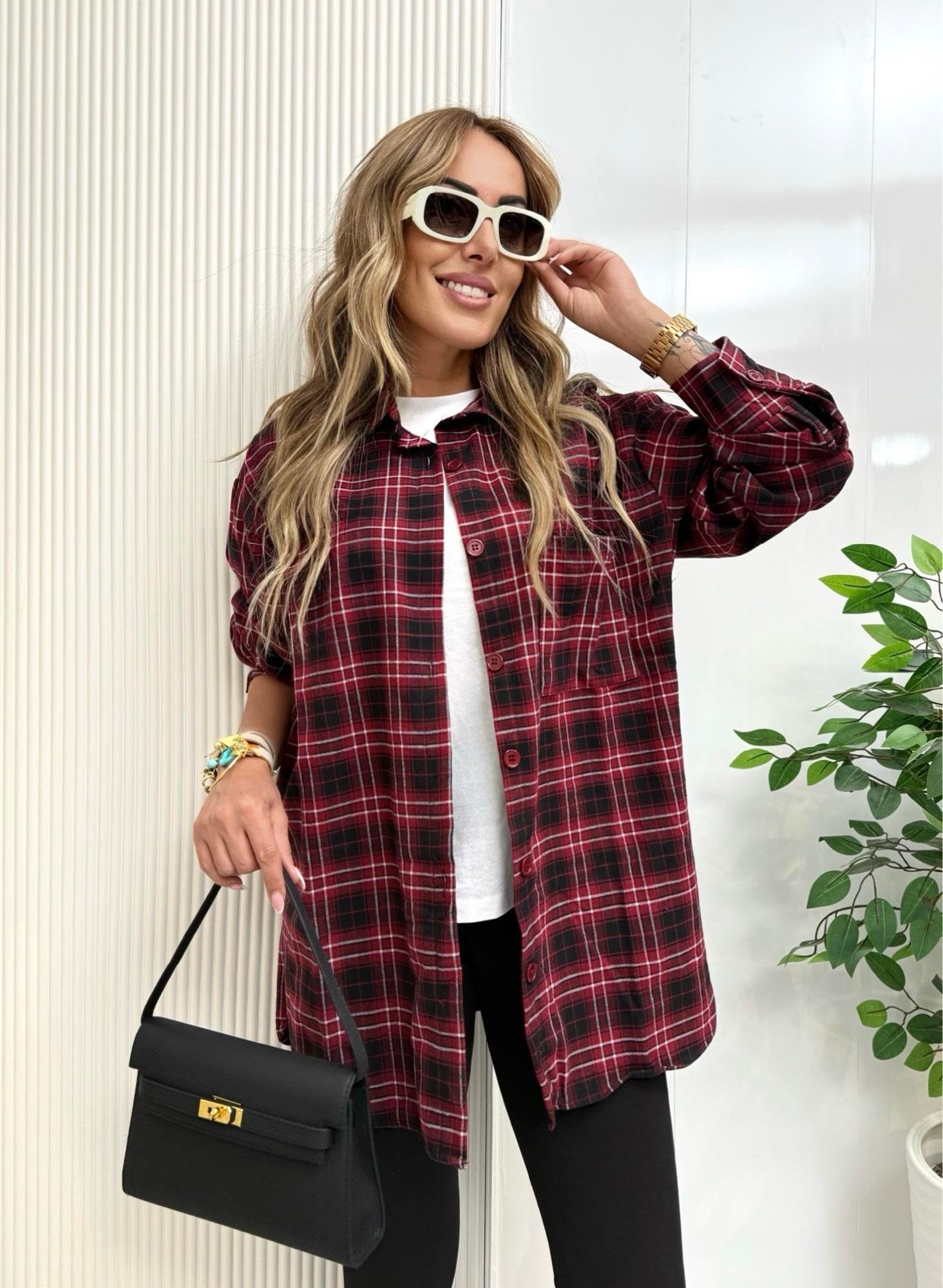 MODAYBUTİKBordo Kareli Oversize Oduncu Gömlek 