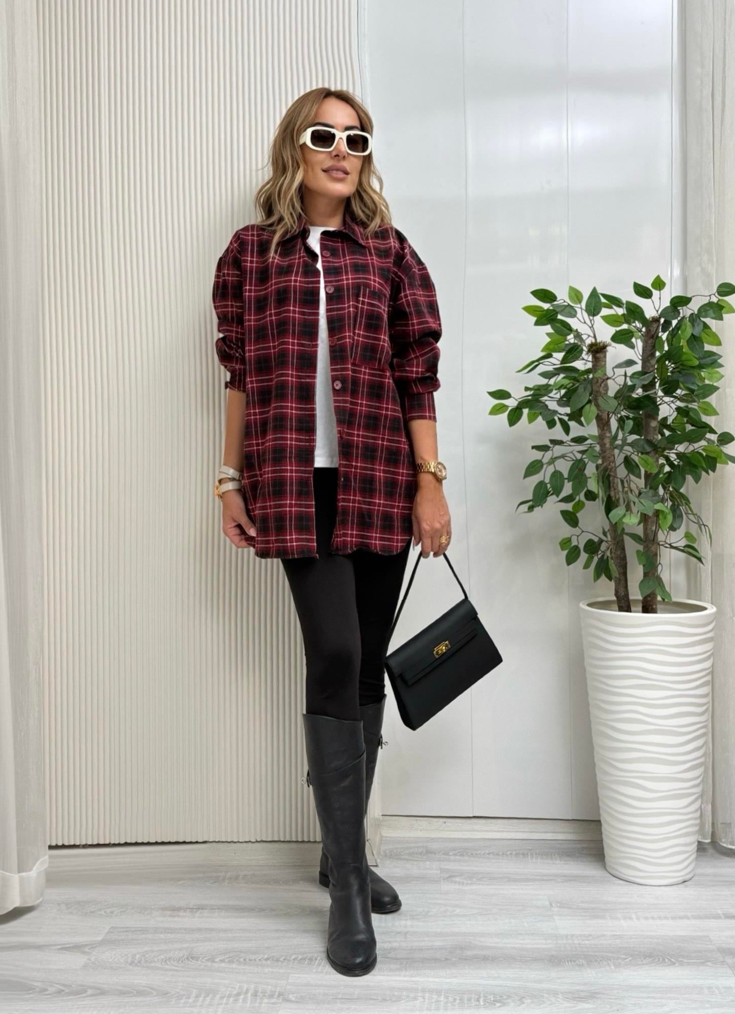 MODAYBUTİKBordo Kareli Oversize Oduncu Gömlek 