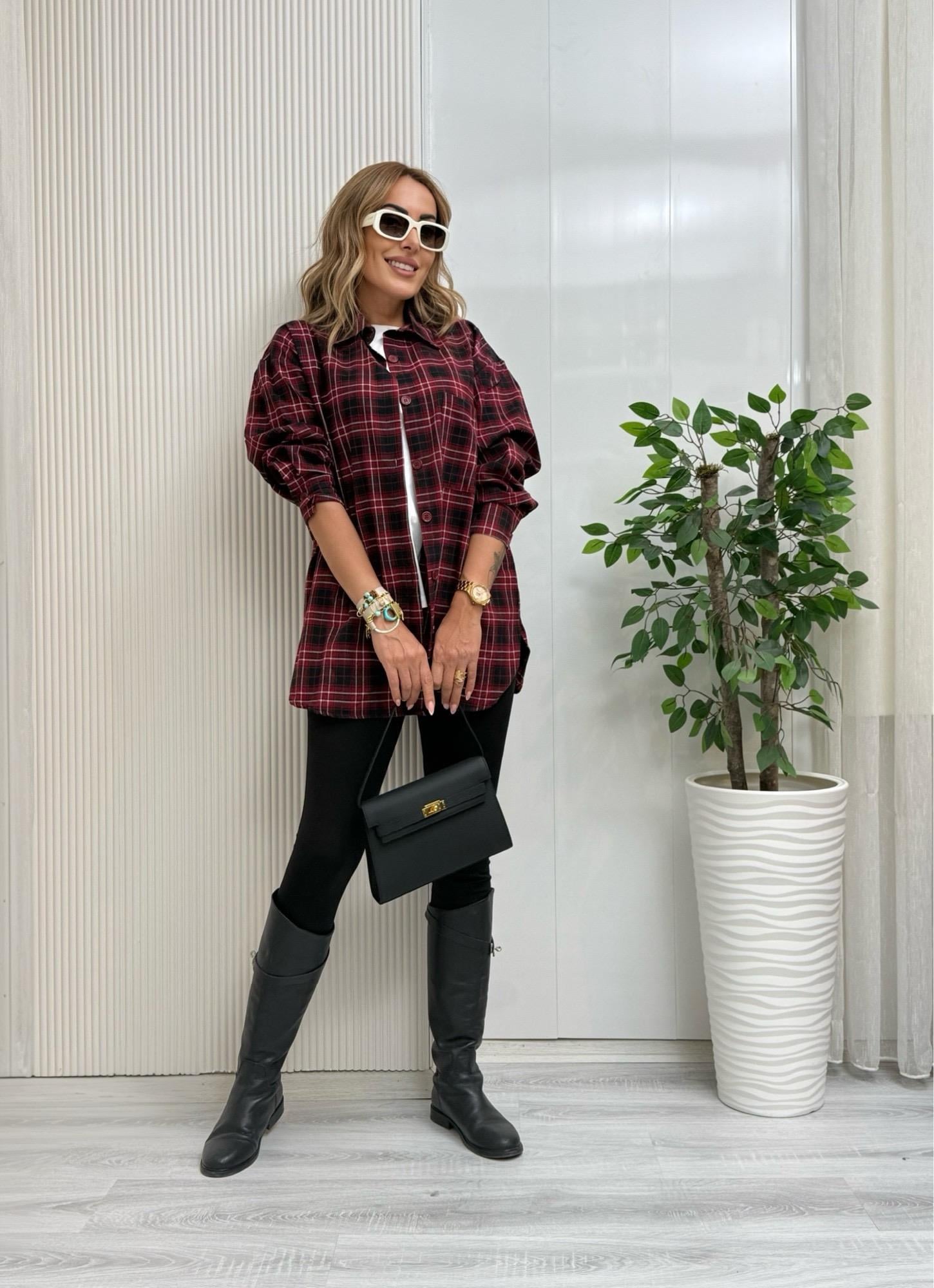 MODAYBUTİKBordo Kareli Oversize Oduncu Gömlek 