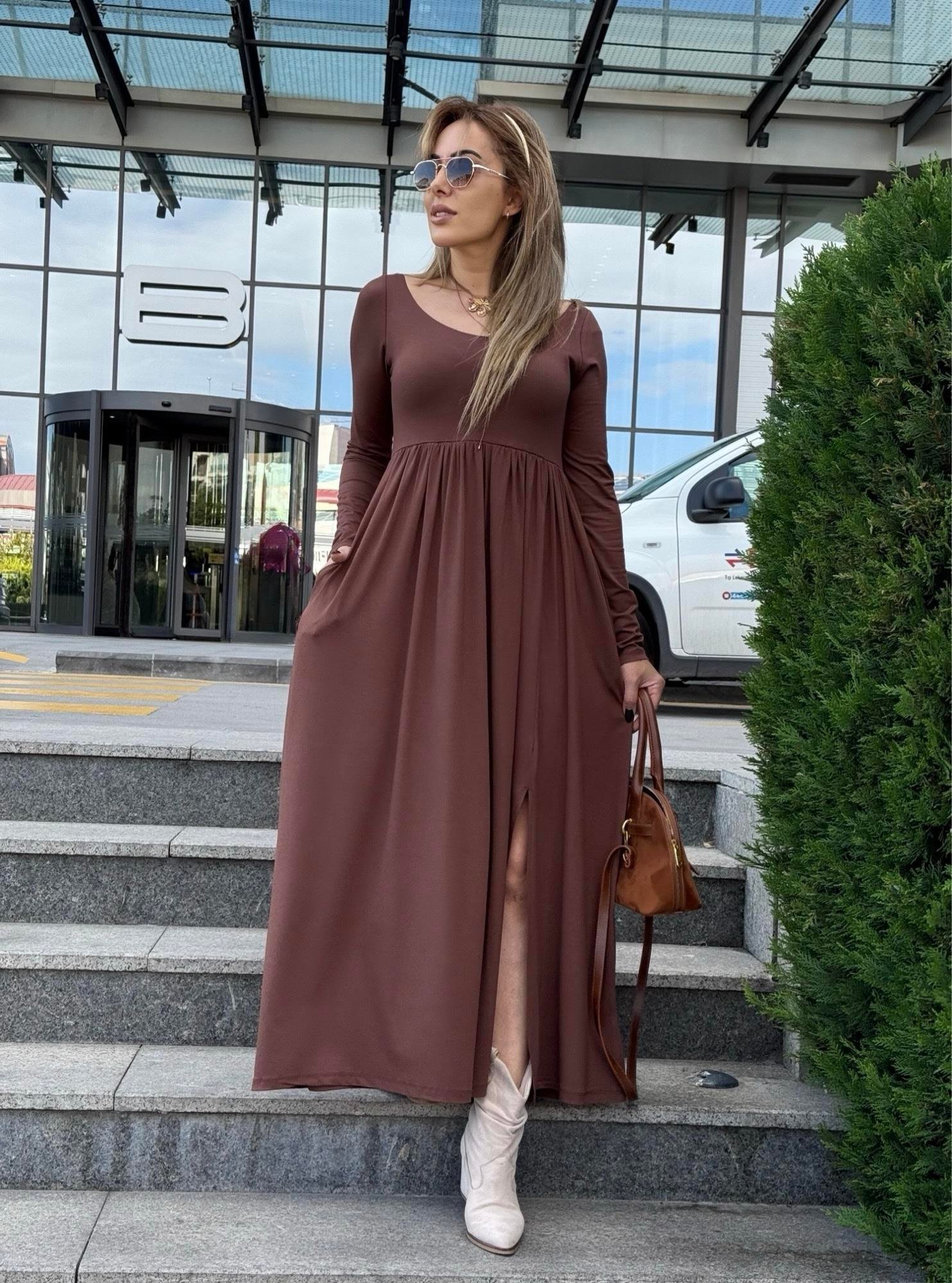 MODAYBUTİKBrown Aura Yırtmaçlı Maxi Elbise 