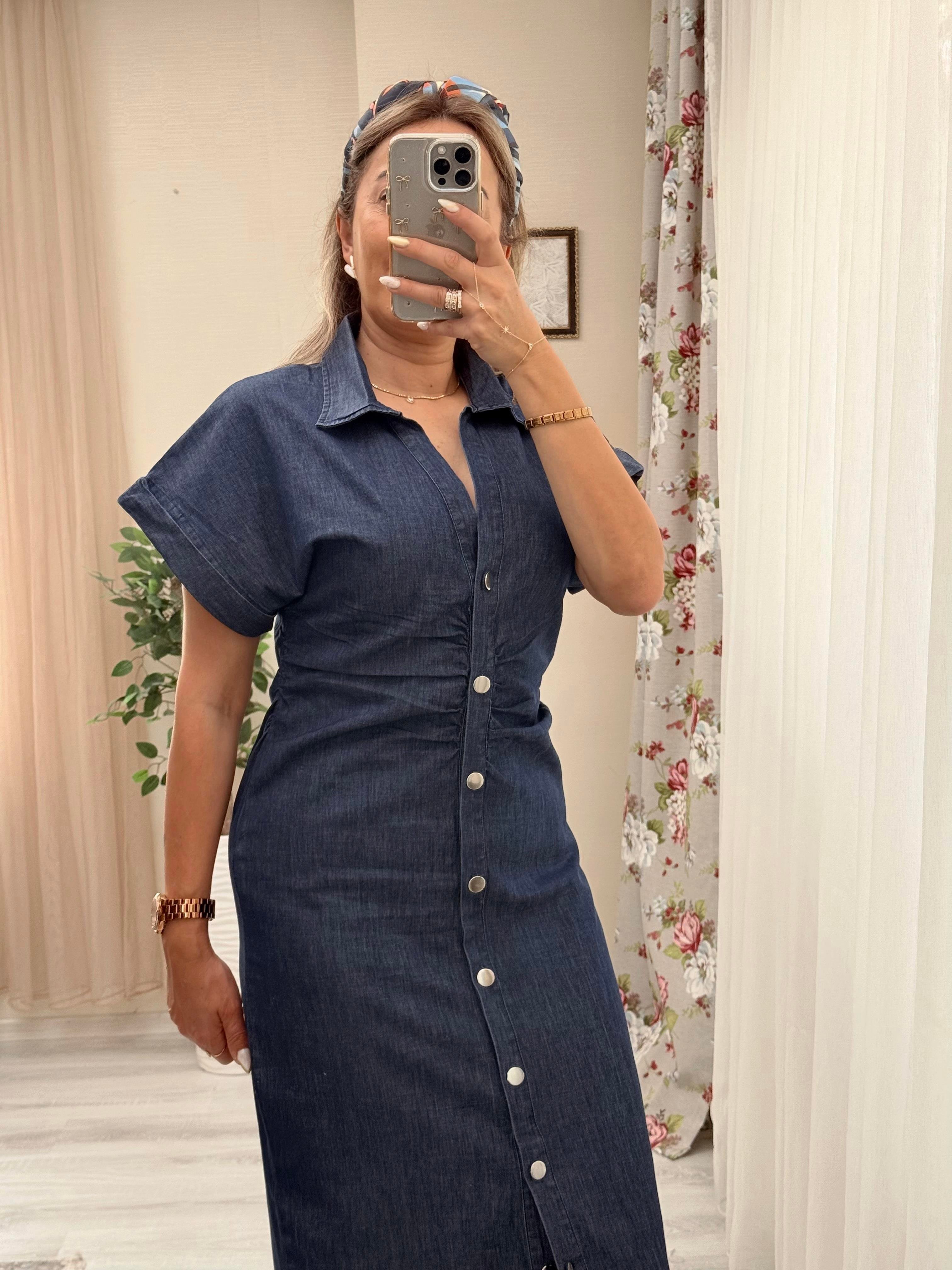 MODAYBUTİKBüzgülü Laci Denim Kalem Elbise 