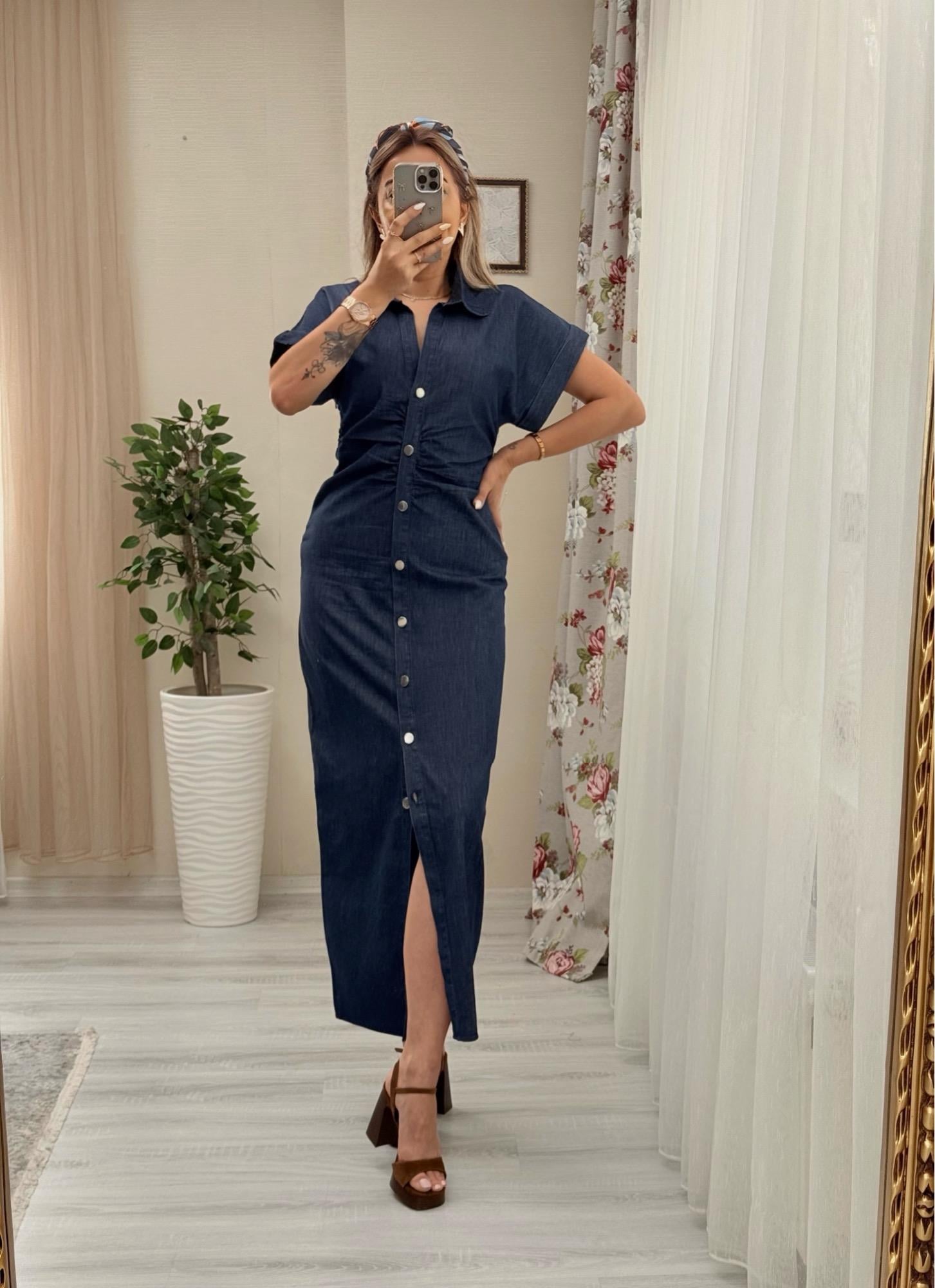 MODAYBUTİKBüzgülü Laci Denim Kalem Elbise 