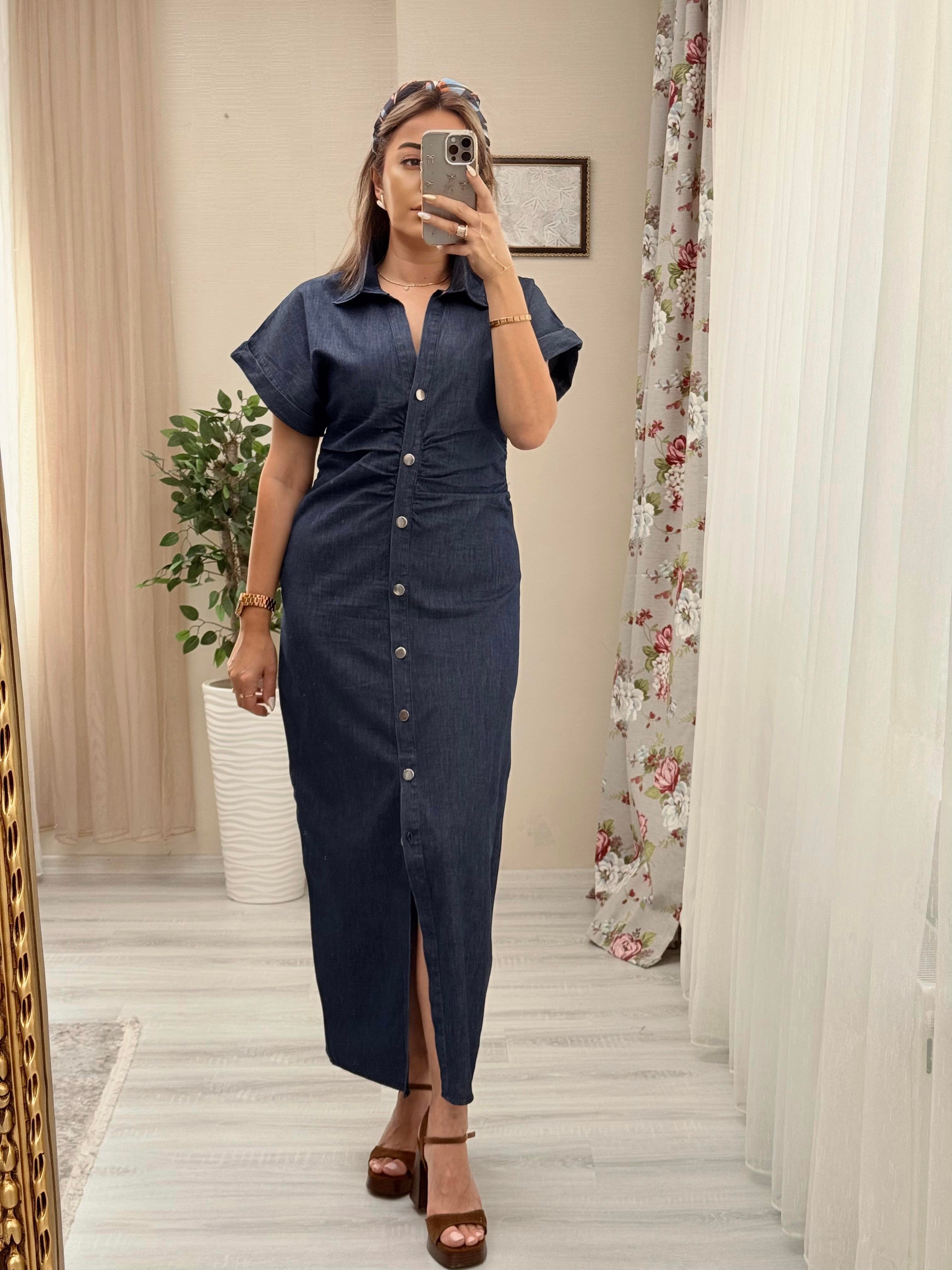 MODAYBUTİKBüzgülü Laci Denim Kalem Elbise 