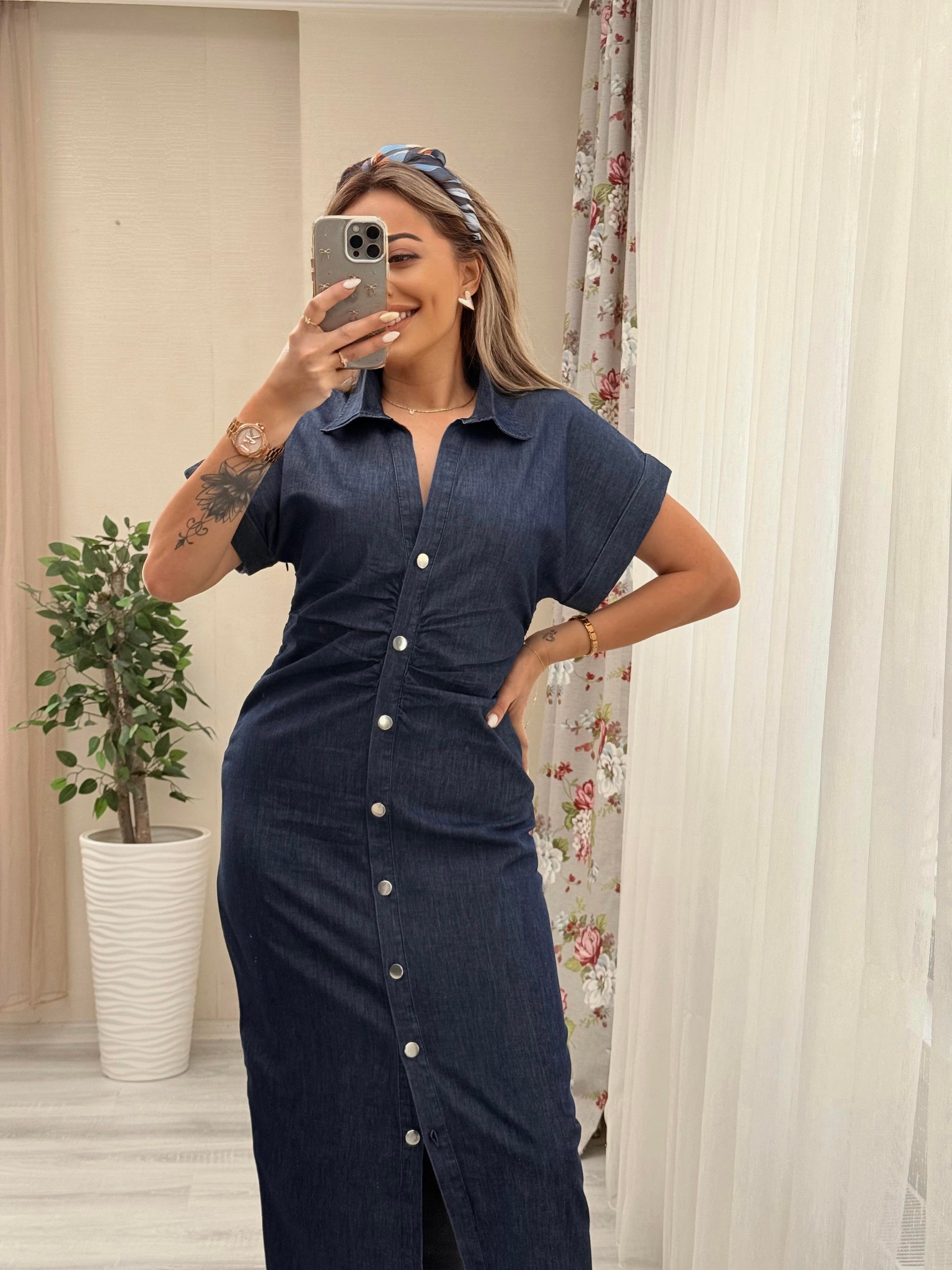 MODAYBUTİKBüzgülü Laci Denim Kalem Elbise 