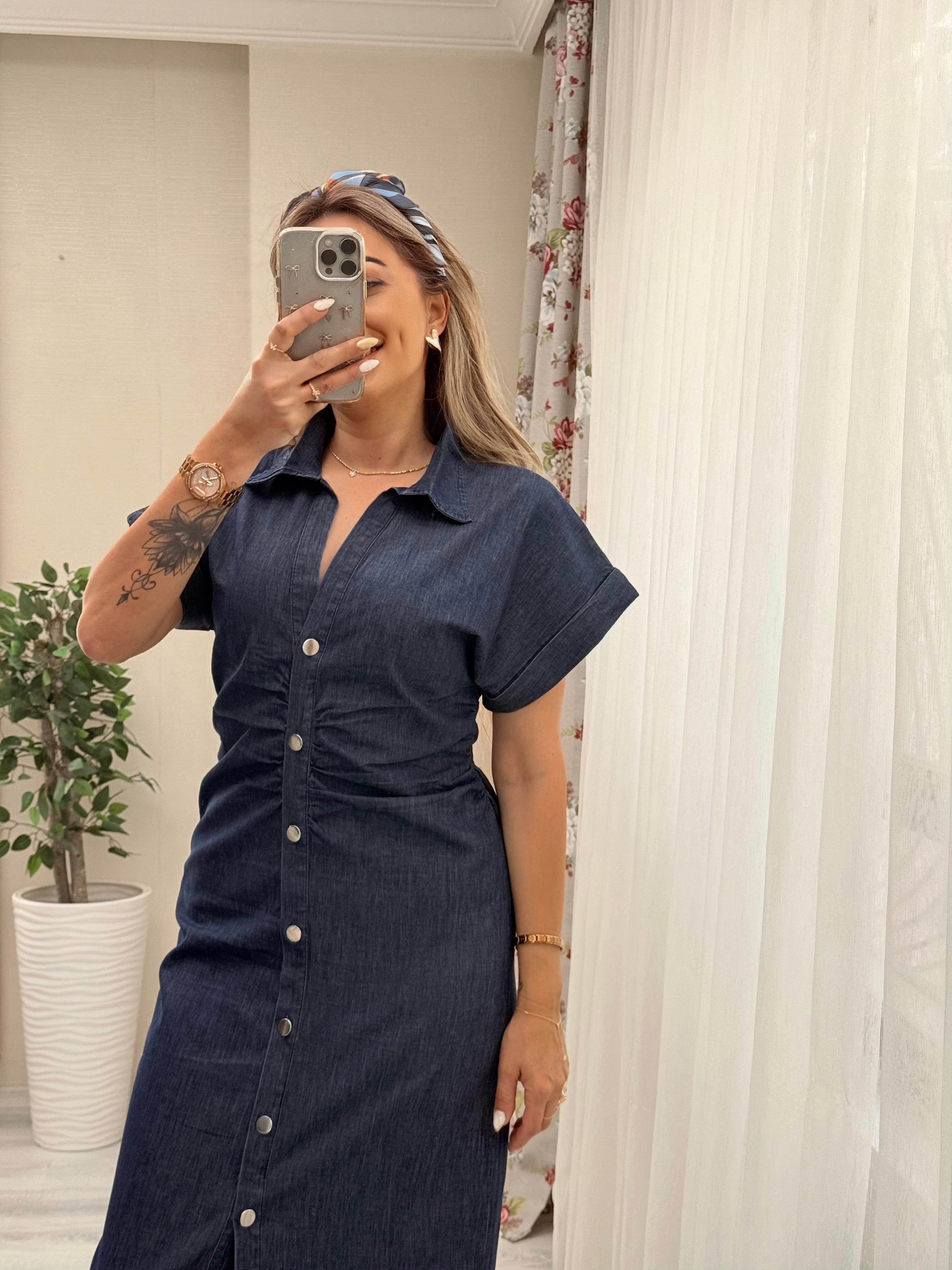 MODAYBUTİKBüzgülü Laci Denim Kalem Elbise 