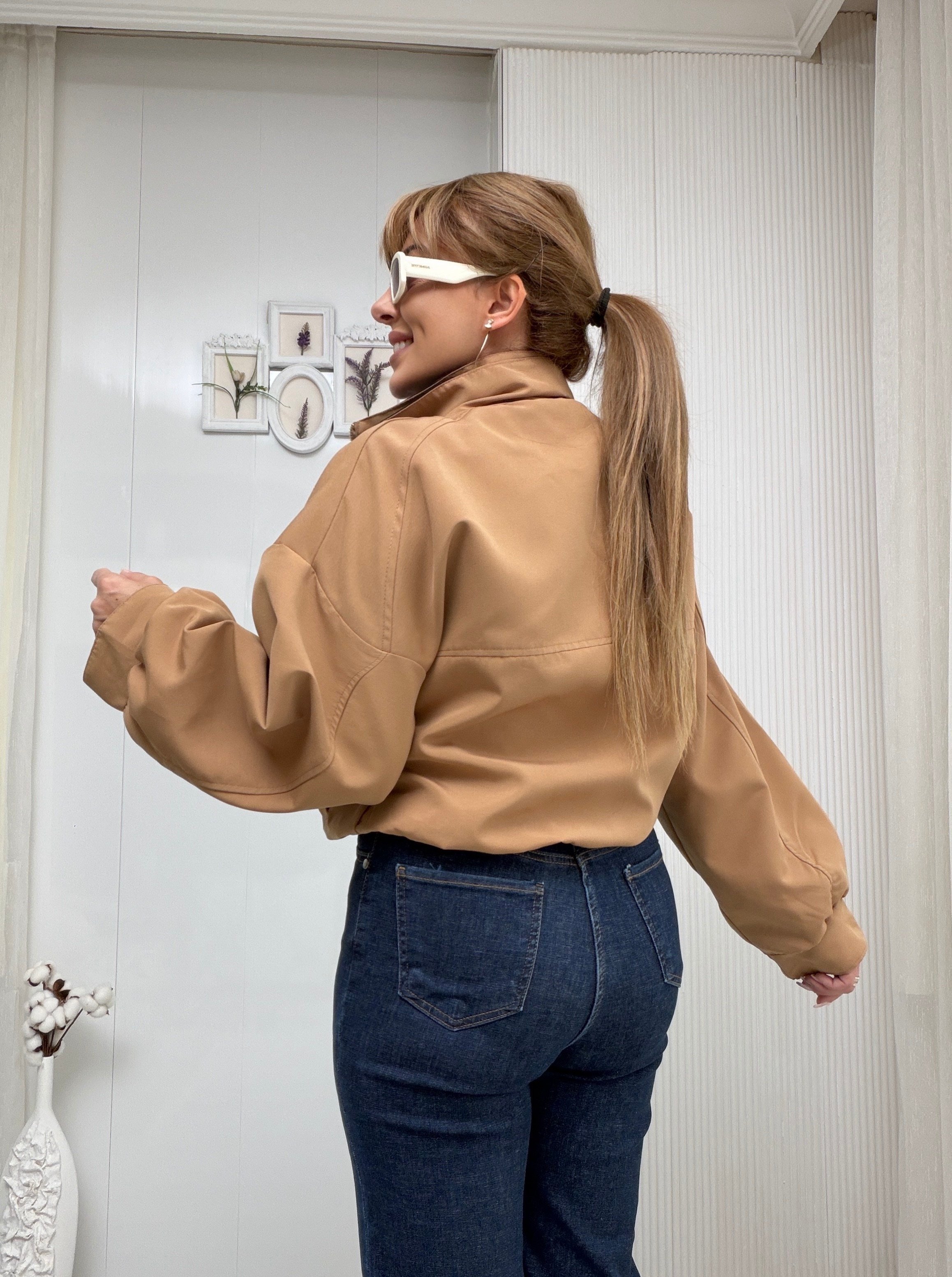 MODAYBUTİKCamel Garnili Kontrast Yakalı Trenç Ceket