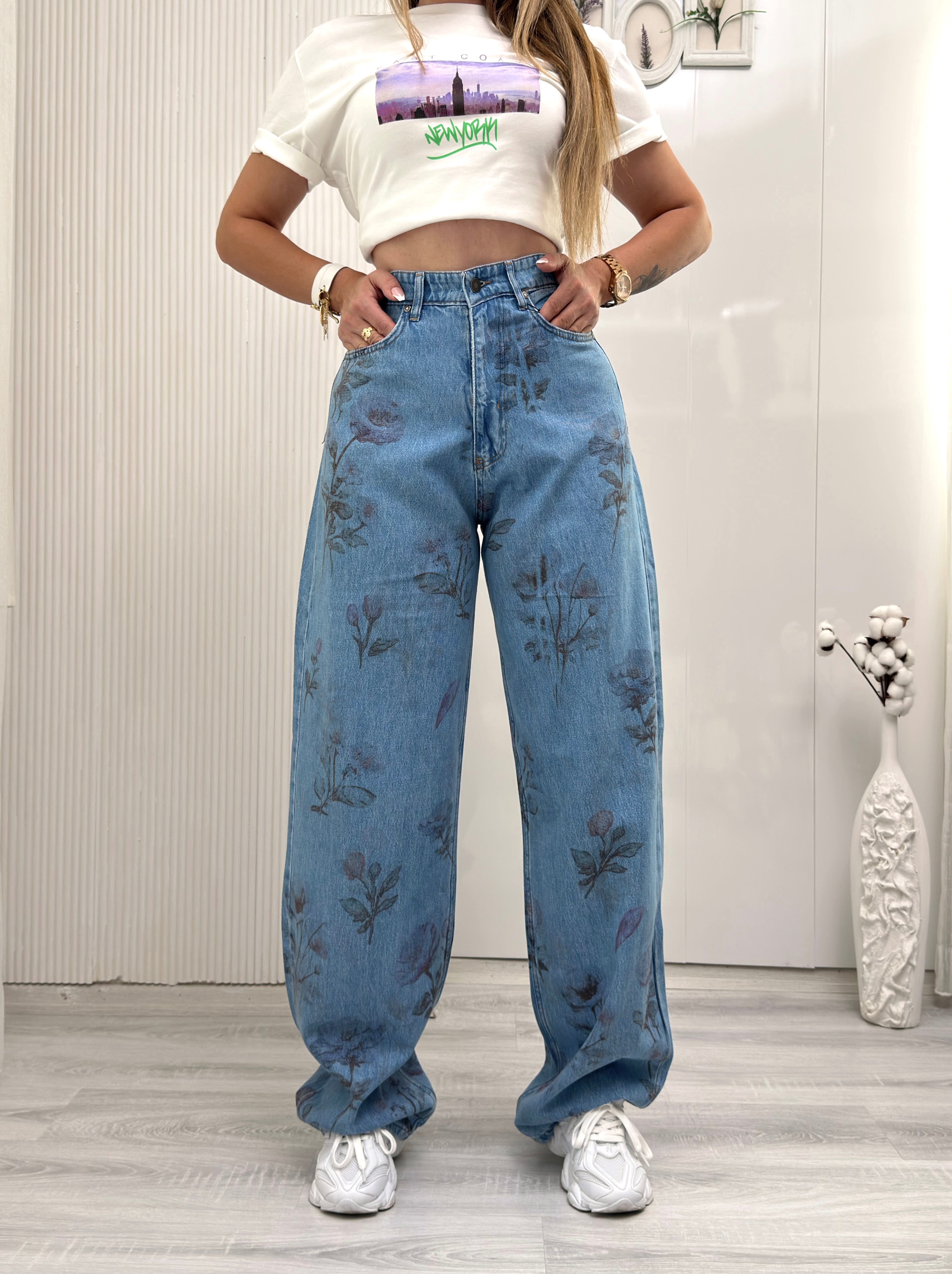 MODAYBUTİKÇiçek Motifli Yüksek Bel Wide Leg Jean