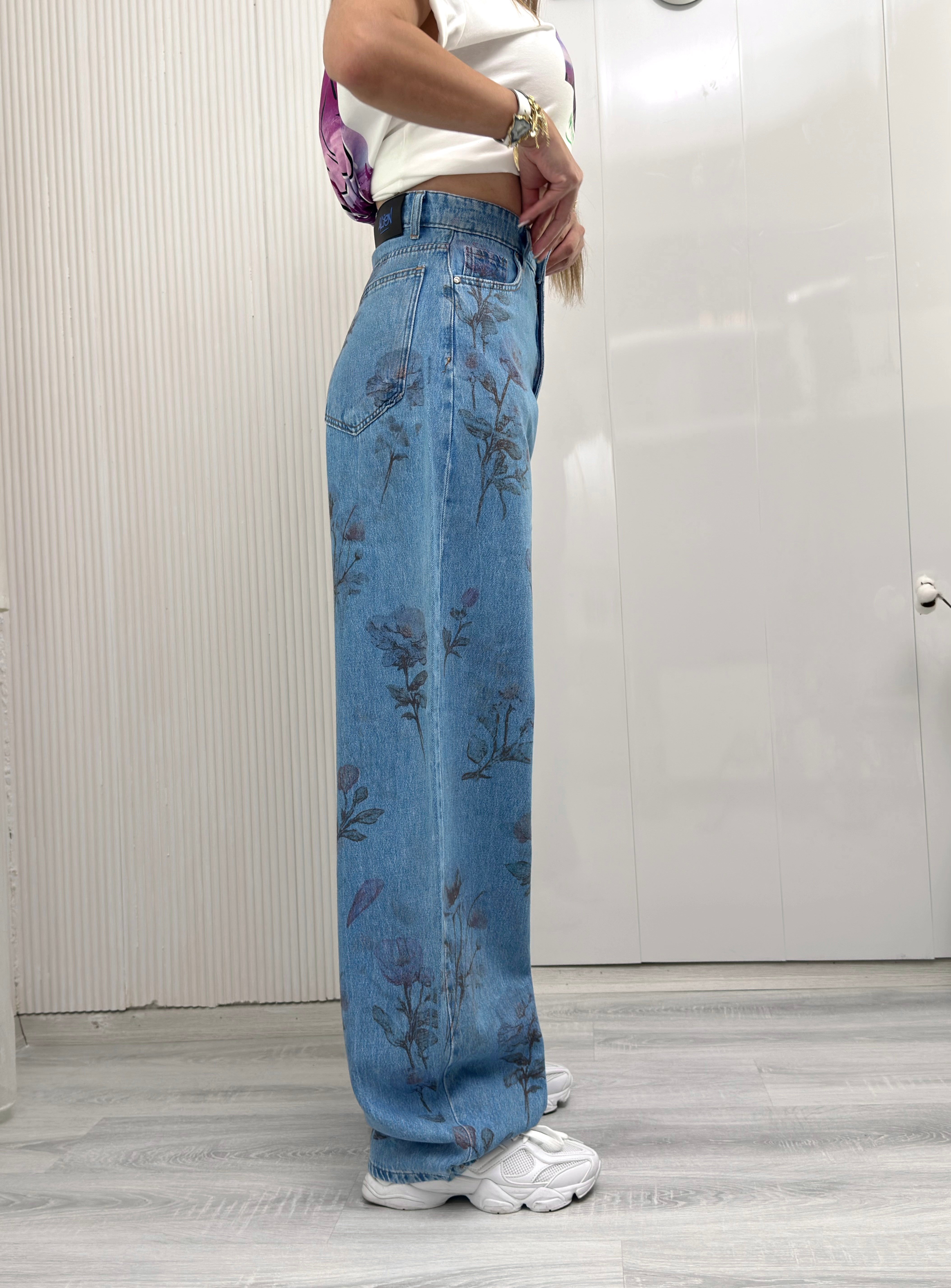 MODAYBUTİKÇiçek Motifli Yüksek Bel Wide Leg Jean