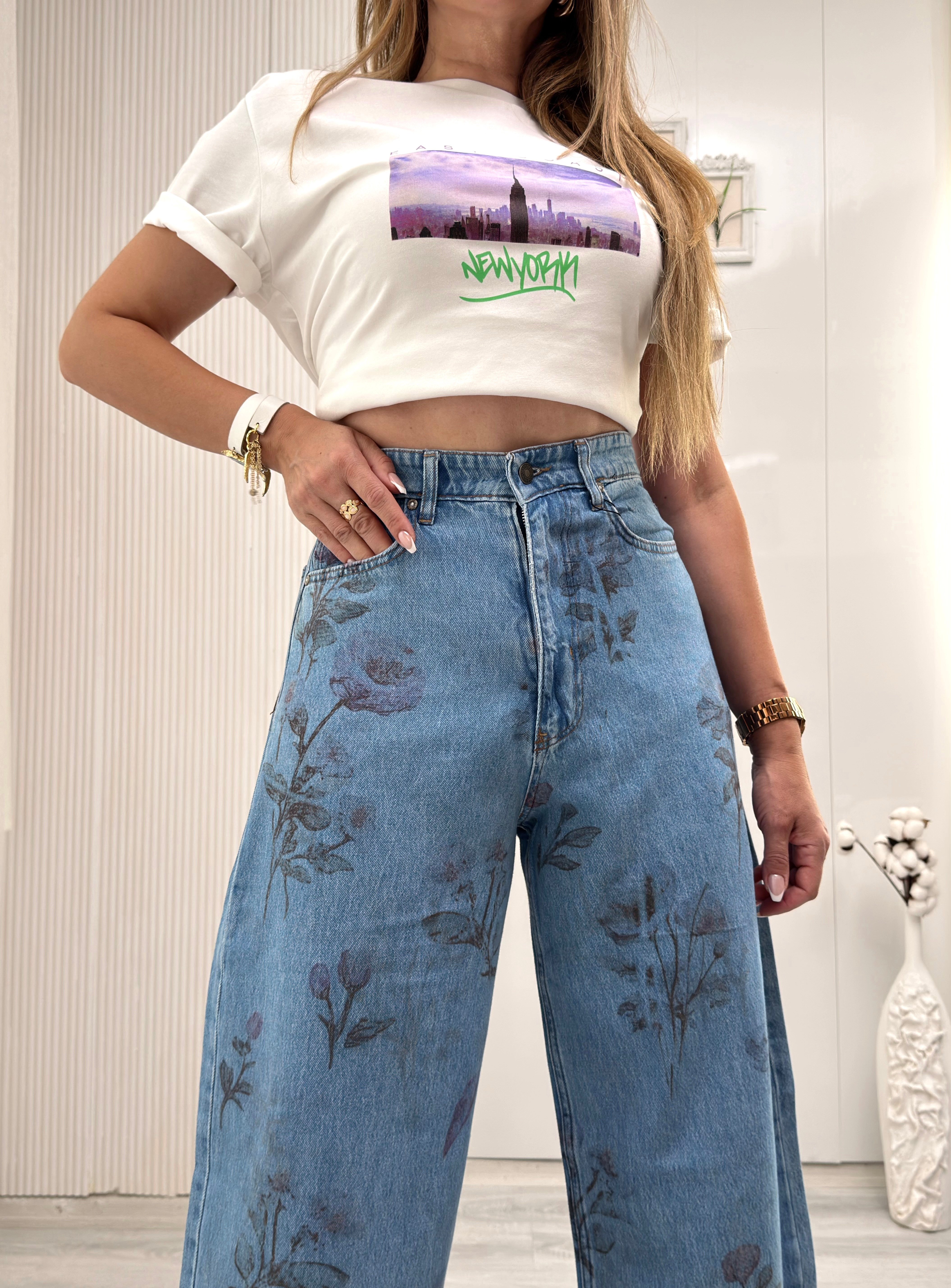 MODAYBUTİKÇiçek Motifli Yüksek Bel Wide Leg Jean