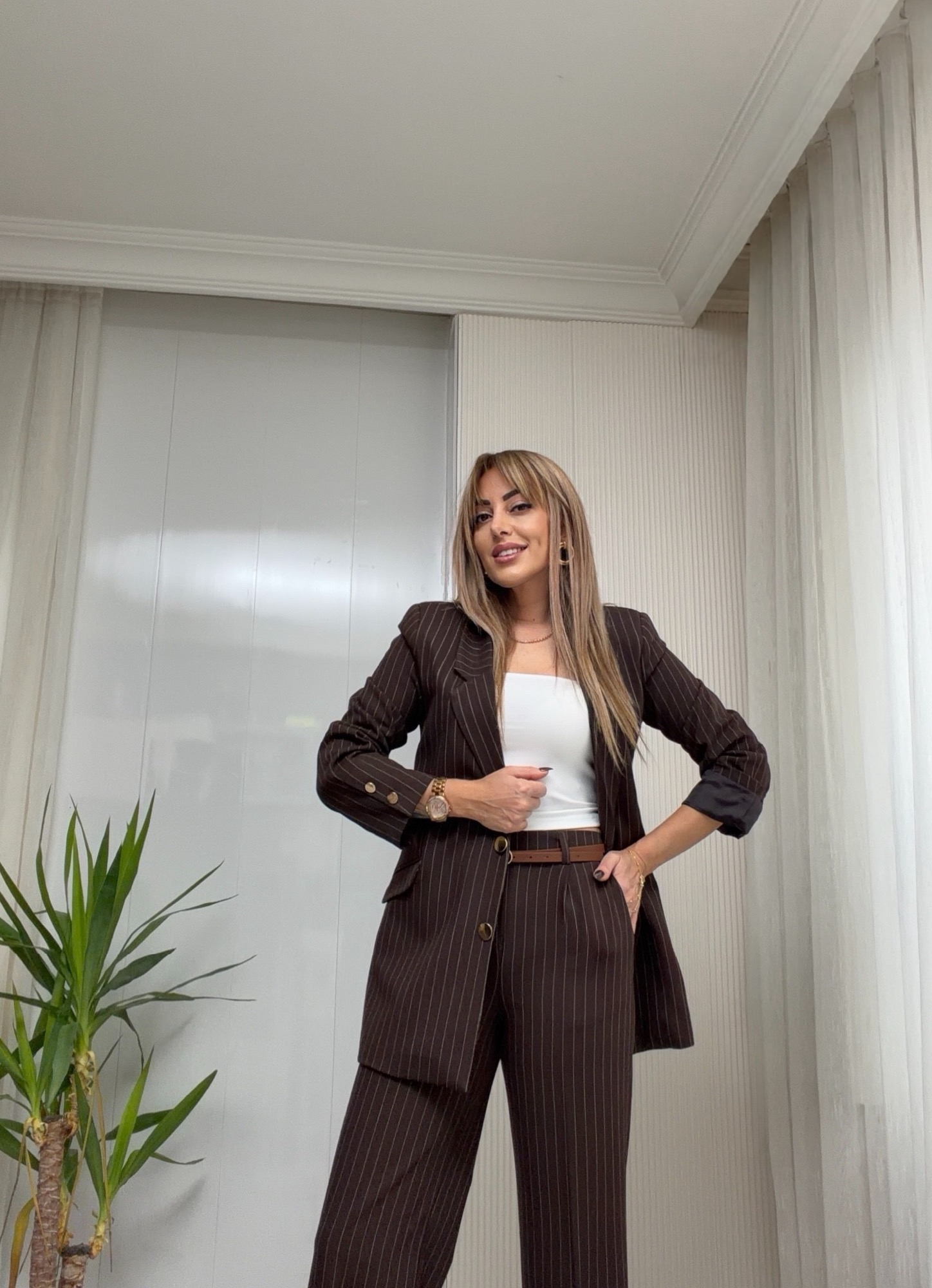 MODAYBUTİKCity Queen Çizgili Acı Kahve Takım