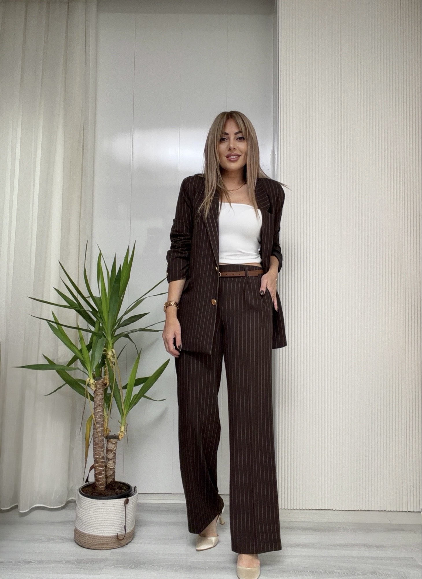 MODAYBUTİKCity Queen Çizgili Acı Kahve Takım