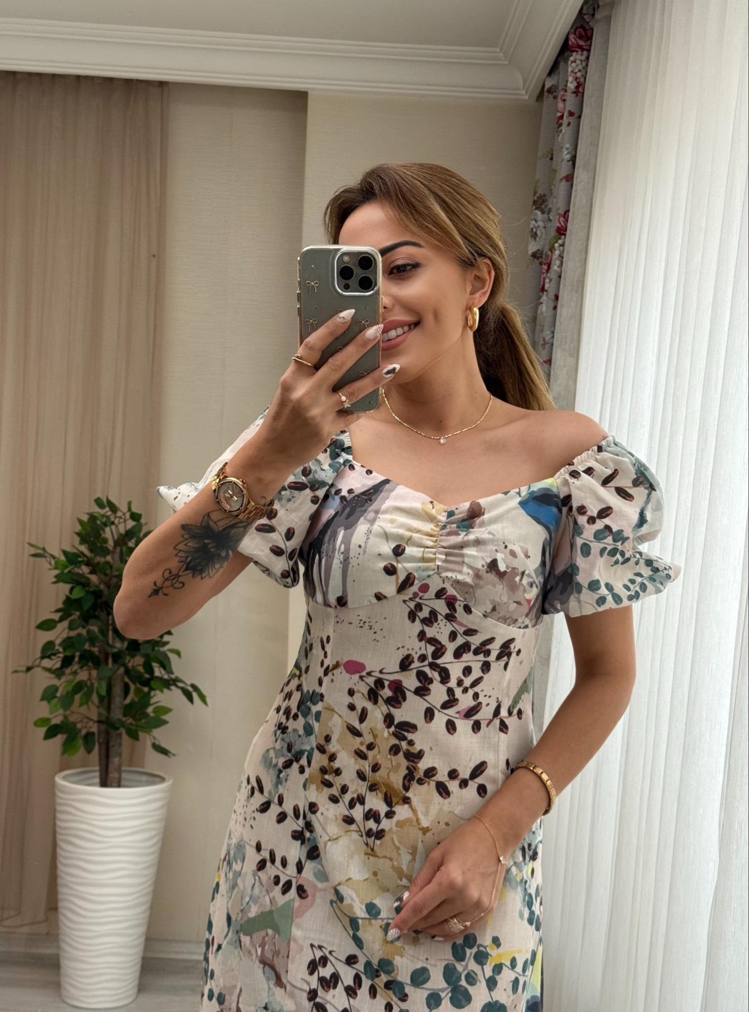 MODAYBUTİKDesenli Yandan Yırtmaçlı Keten Midi Boy Elbise