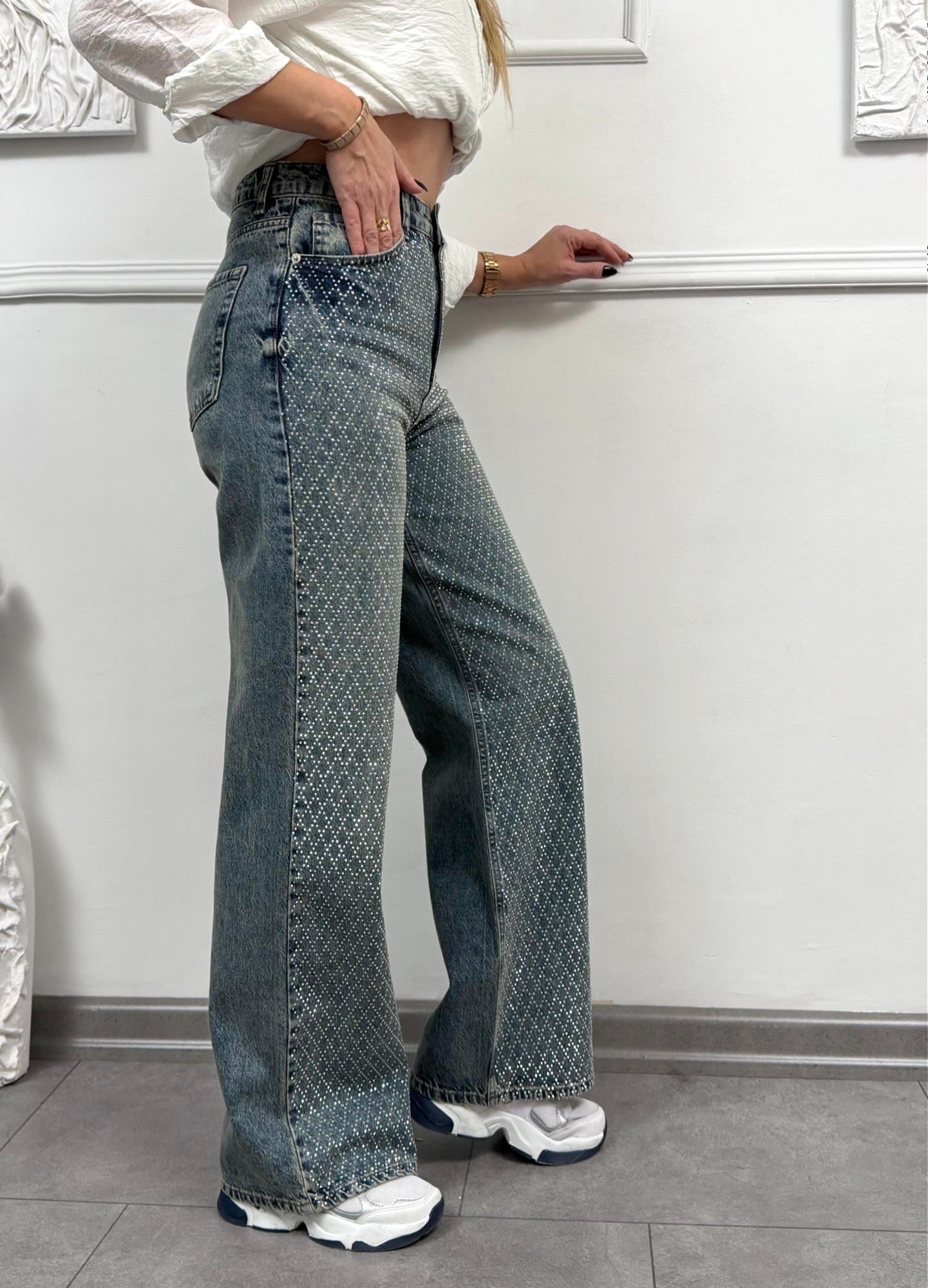 MODAYBUTİKDiamond Taş Baskılı Wide Leg Jean