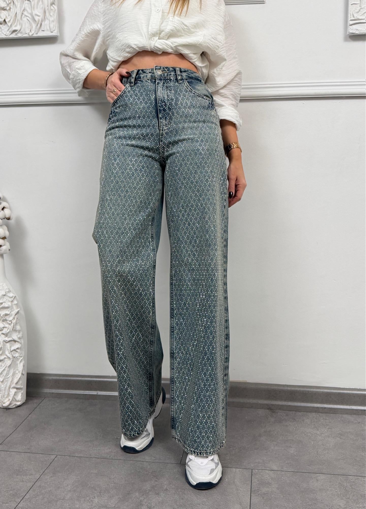 MODAYBUTİKDiamond Taş Baskılı Wide Leg Jean