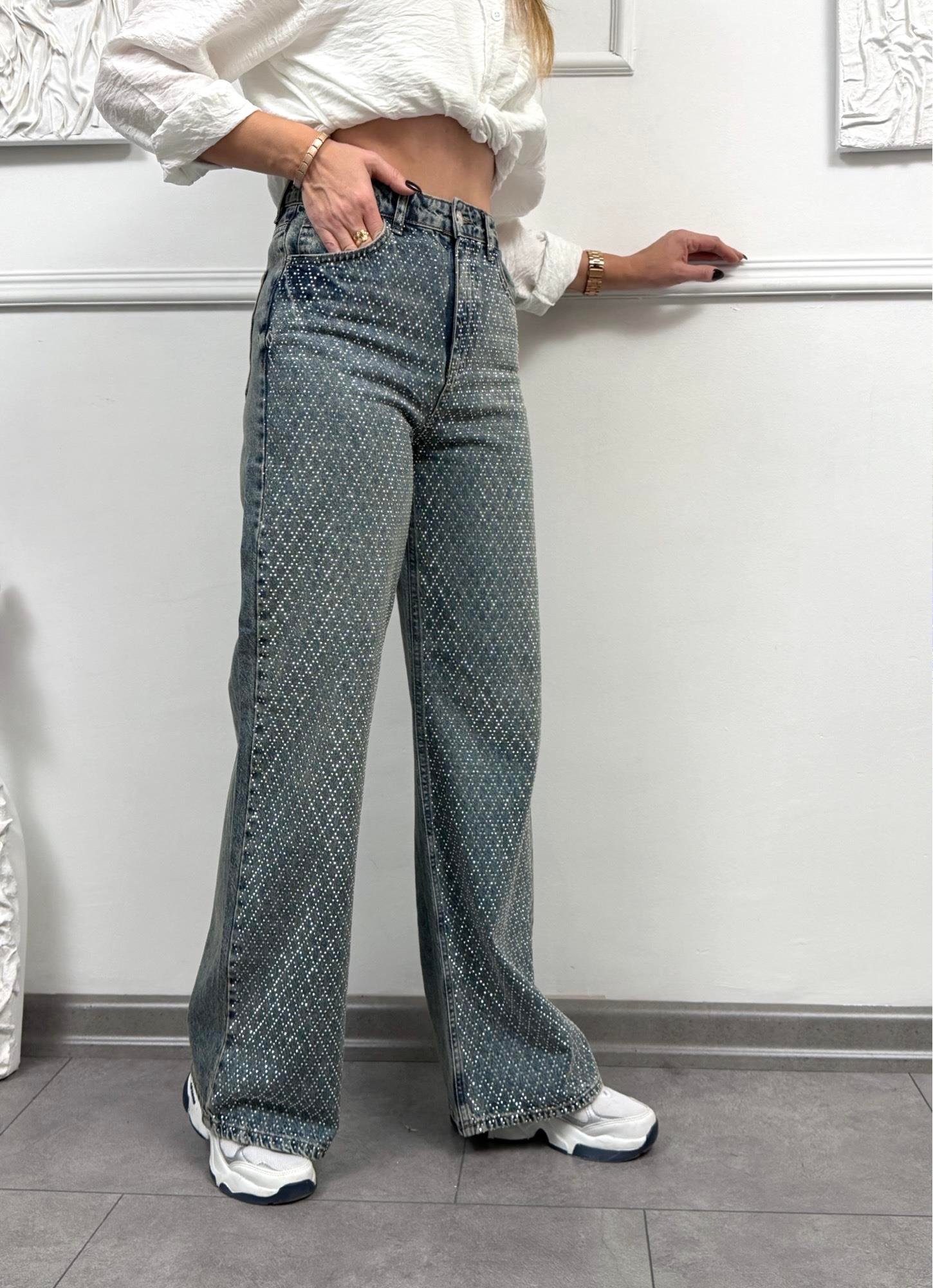 MODAYBUTİKDiamond Taş Baskılı Wide Leg Jean