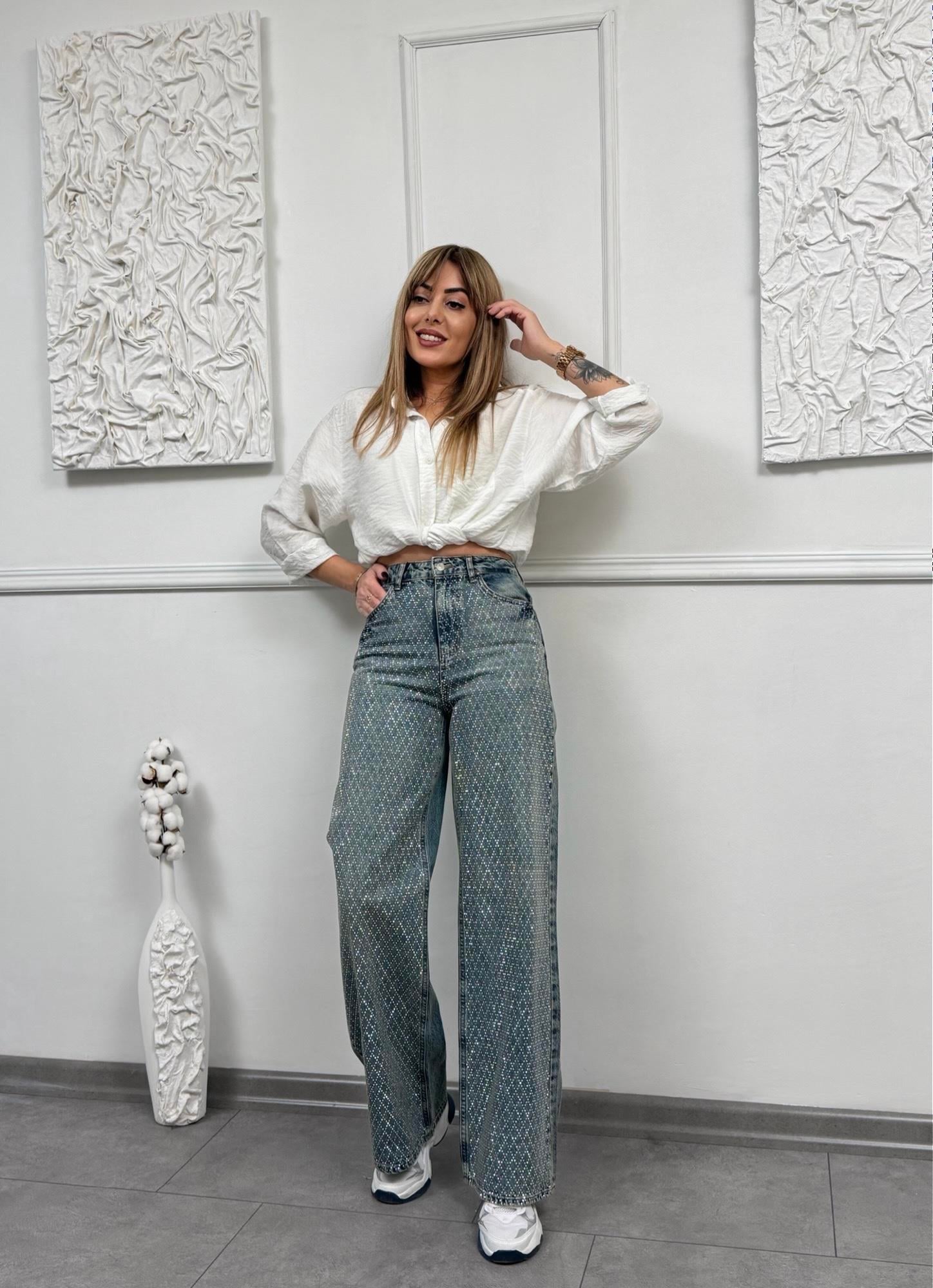 MODAYBUTİKDiamond Taş Baskılı Wide Leg Jean