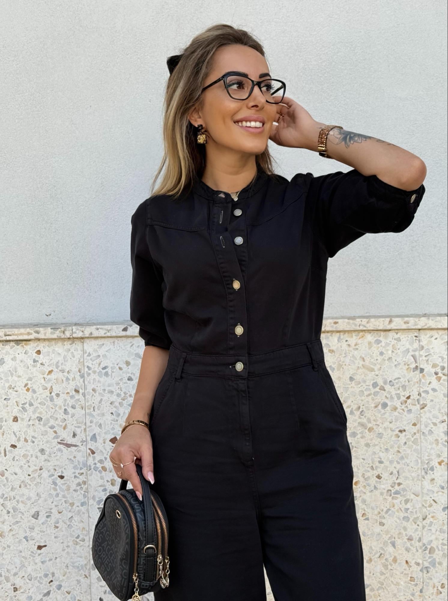 MODAYBUTİKDik Yaka Siyah Denim Tulum