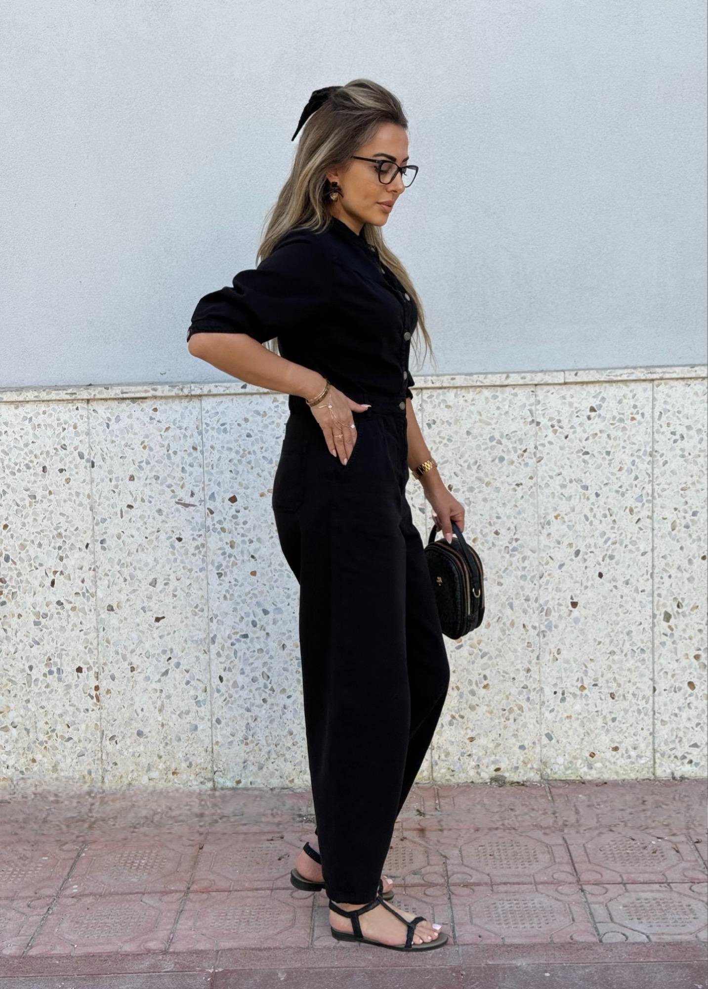 MODAYBUTİKDik Yaka Siyah Denim Tulum