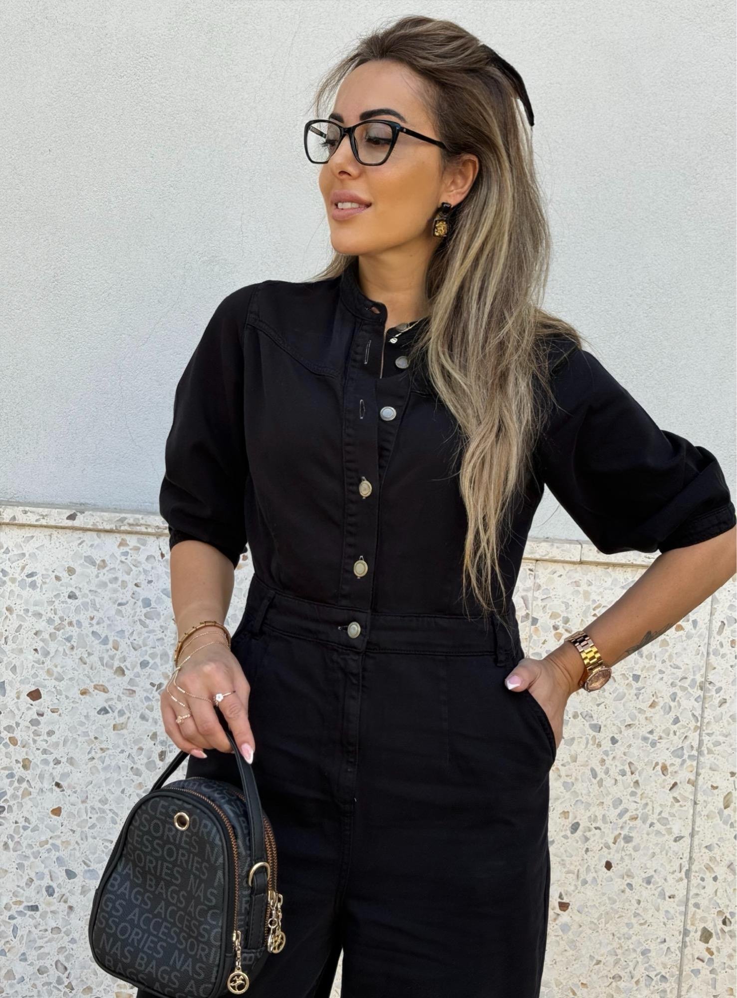 MODAYBUTİKDik Yaka Siyah Denim Tulum