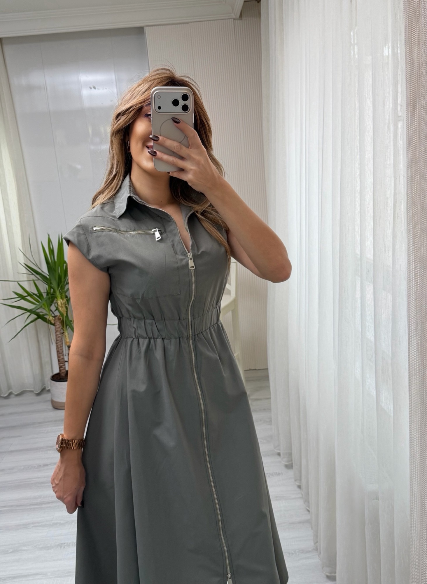 MODAYBUTİKFermuar Detaylı Modern Kesim Mint Denim Elbise