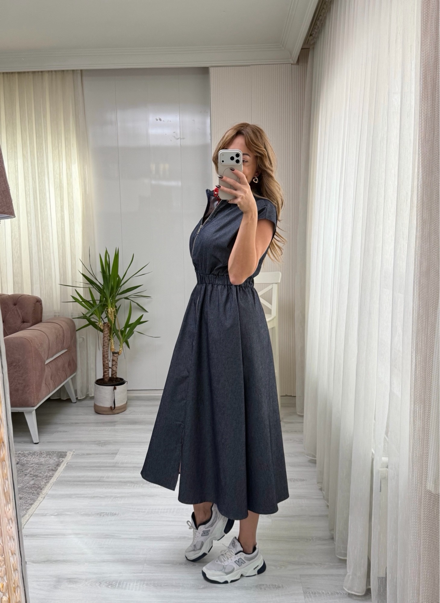 MODAYBUTİKFermuar Detaylı Modern Kesim Laci Denim Elbise