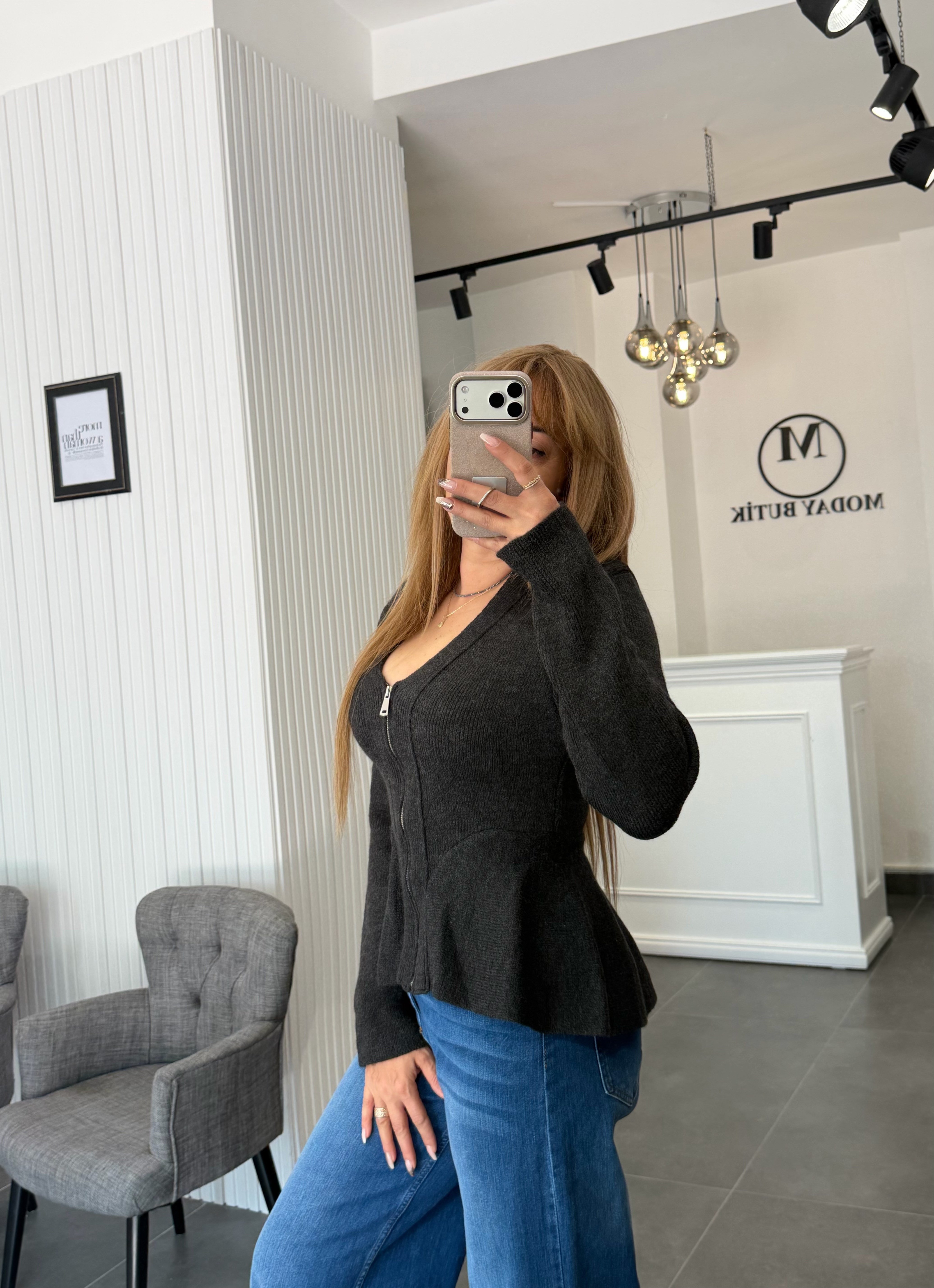 MODAYBUTİKFüme Önden Fermuarlı Peplum Yün Hırka