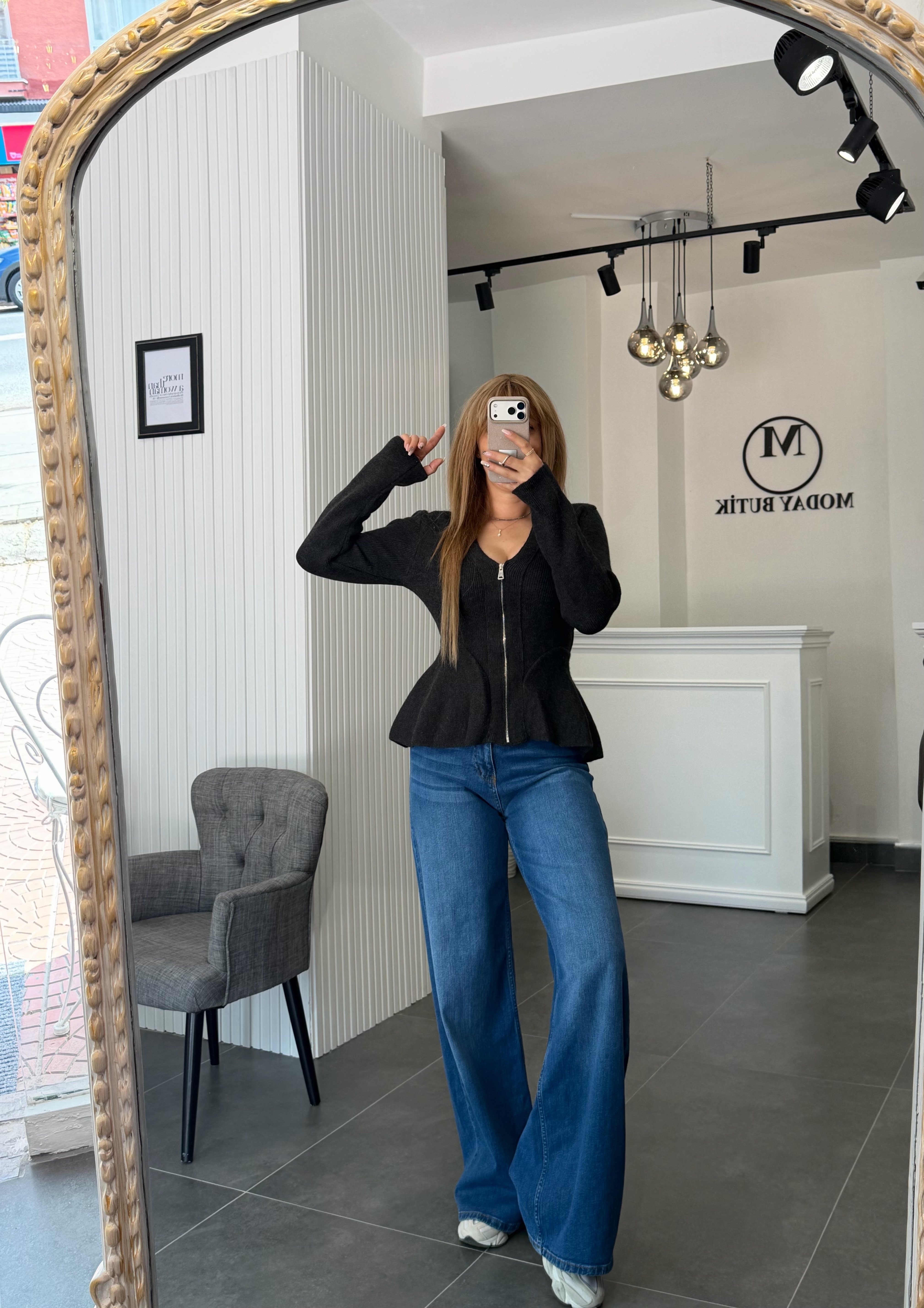MODAYBUTİKFüme Önden Fermuarlı Peplum Yün Hırka
