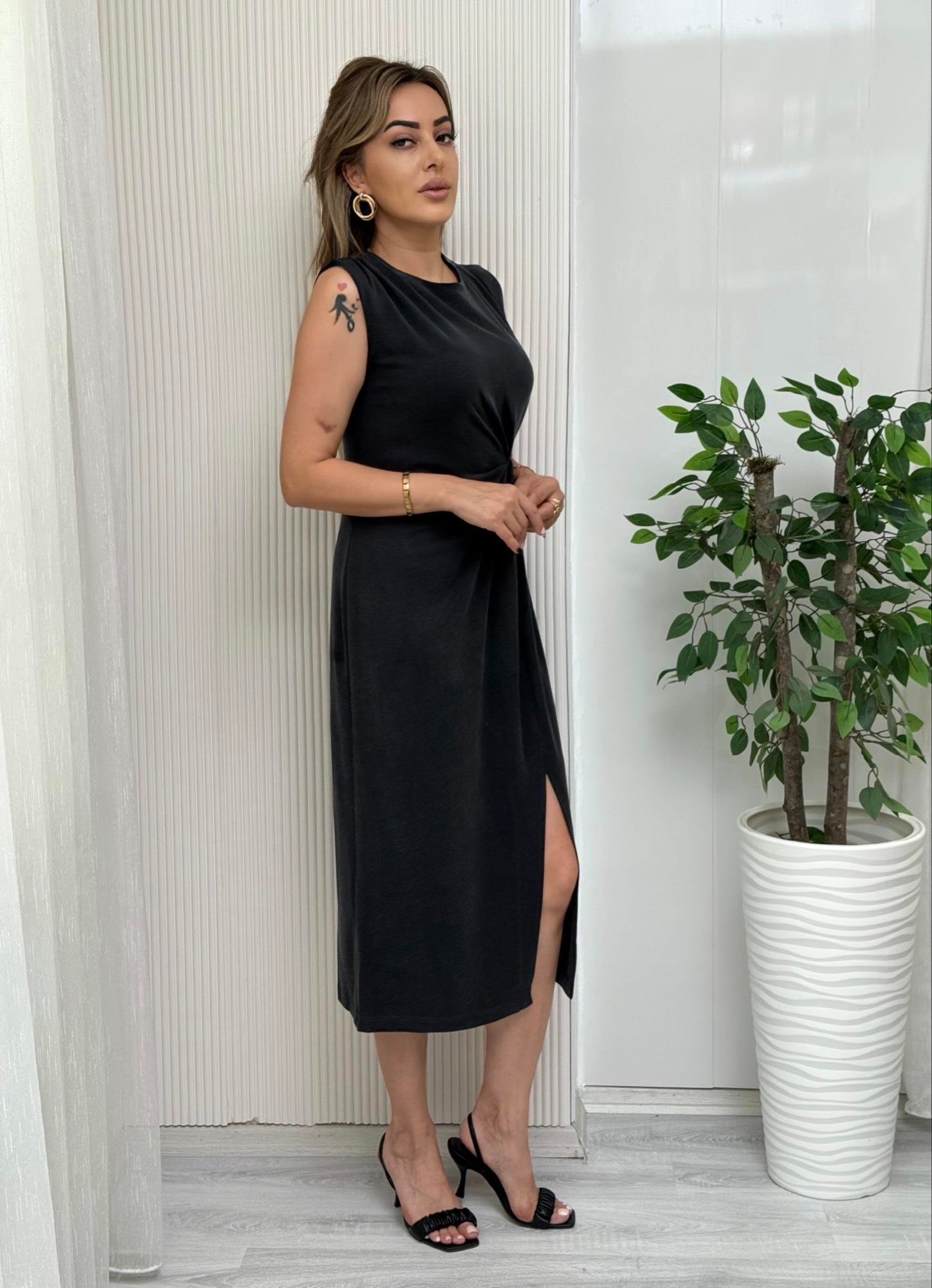 MODAYBUTİKGold Düğmeli Antrasit Drapeli Modal Elbise