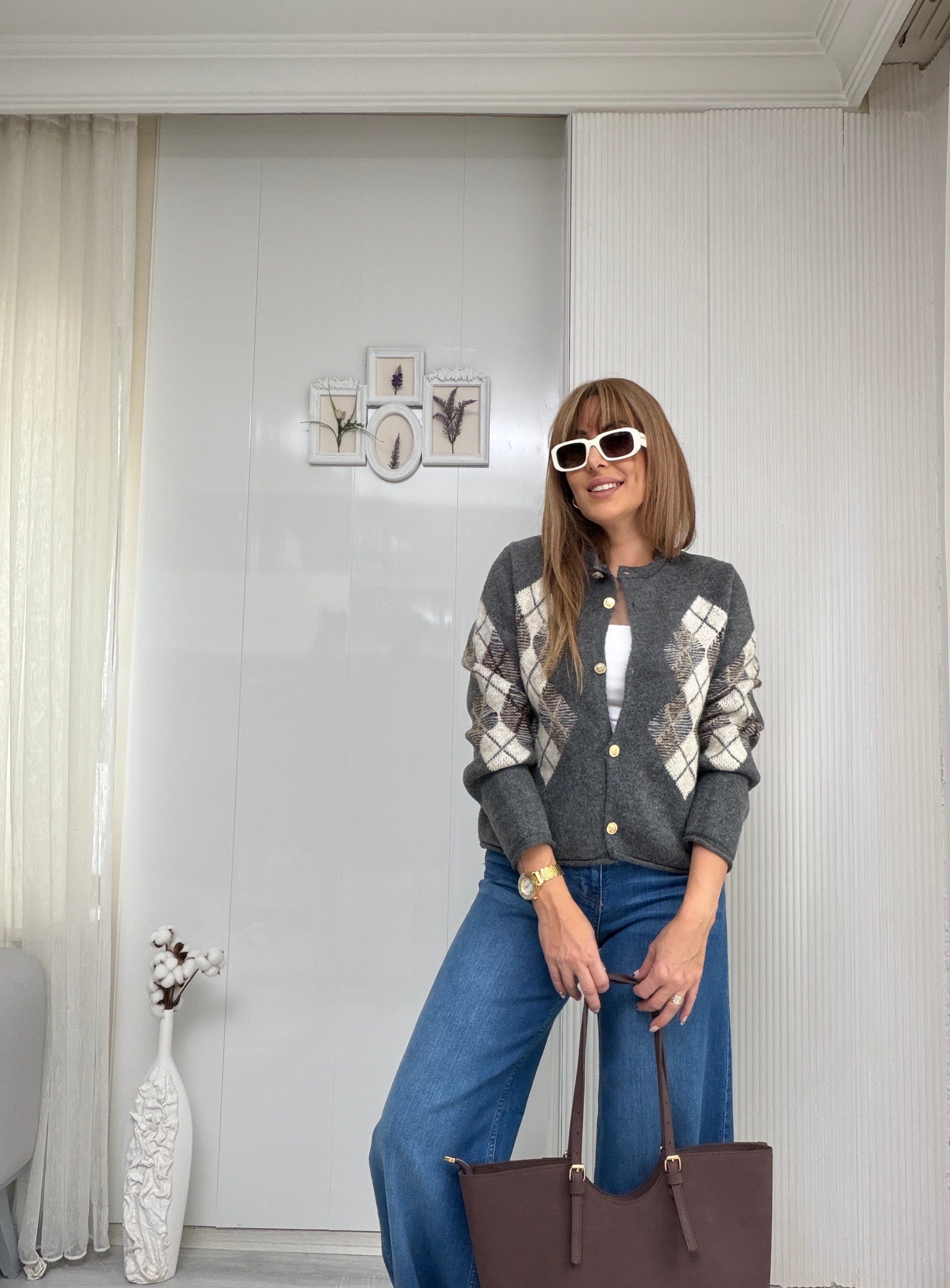 MODAYBUTİKGri Argyle Desenli Triko Örme Hırka 
