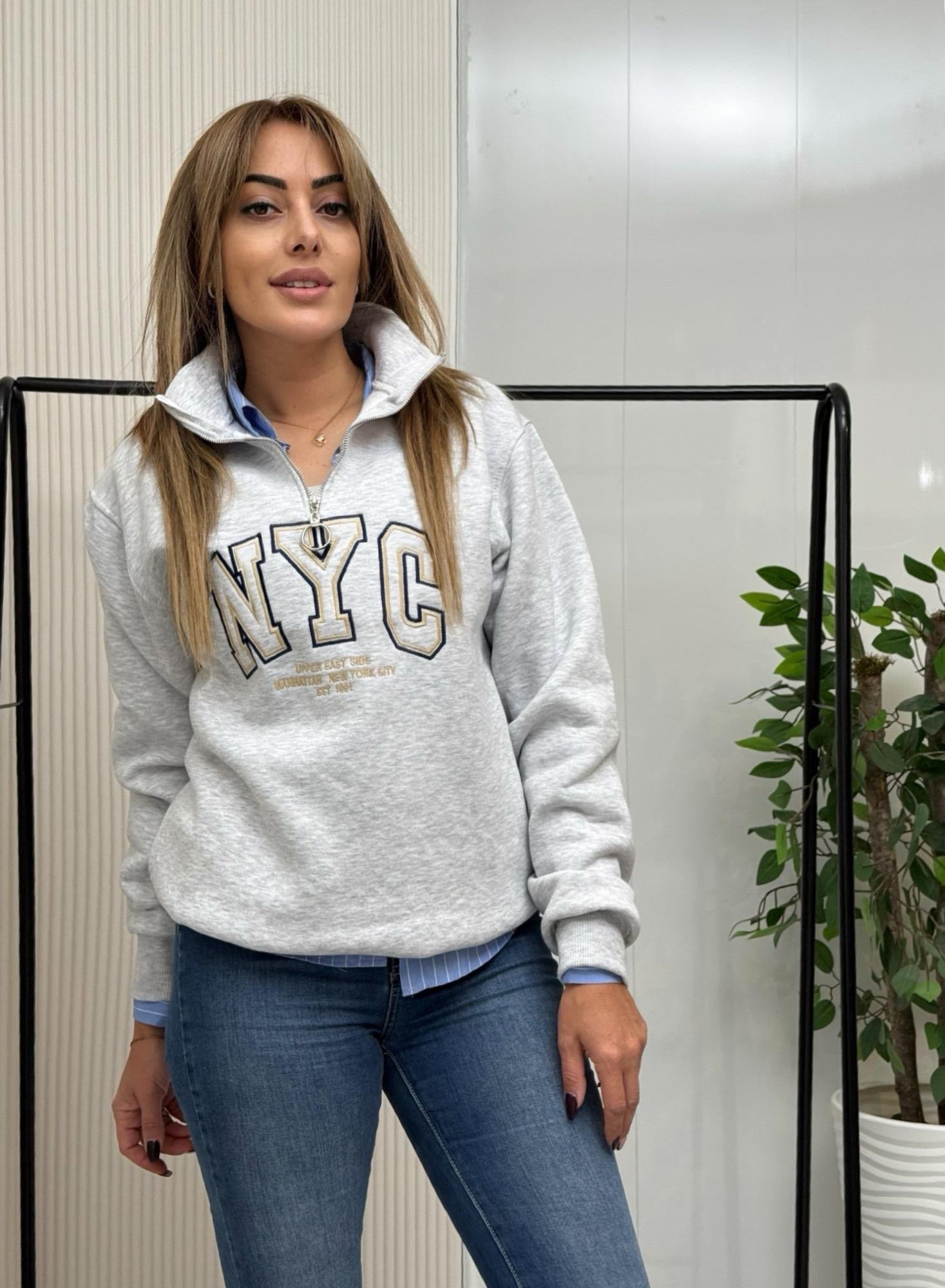 MODAYBUTİKGri Melanj Lüks Baskılı Dik Yaka Sweatshirt