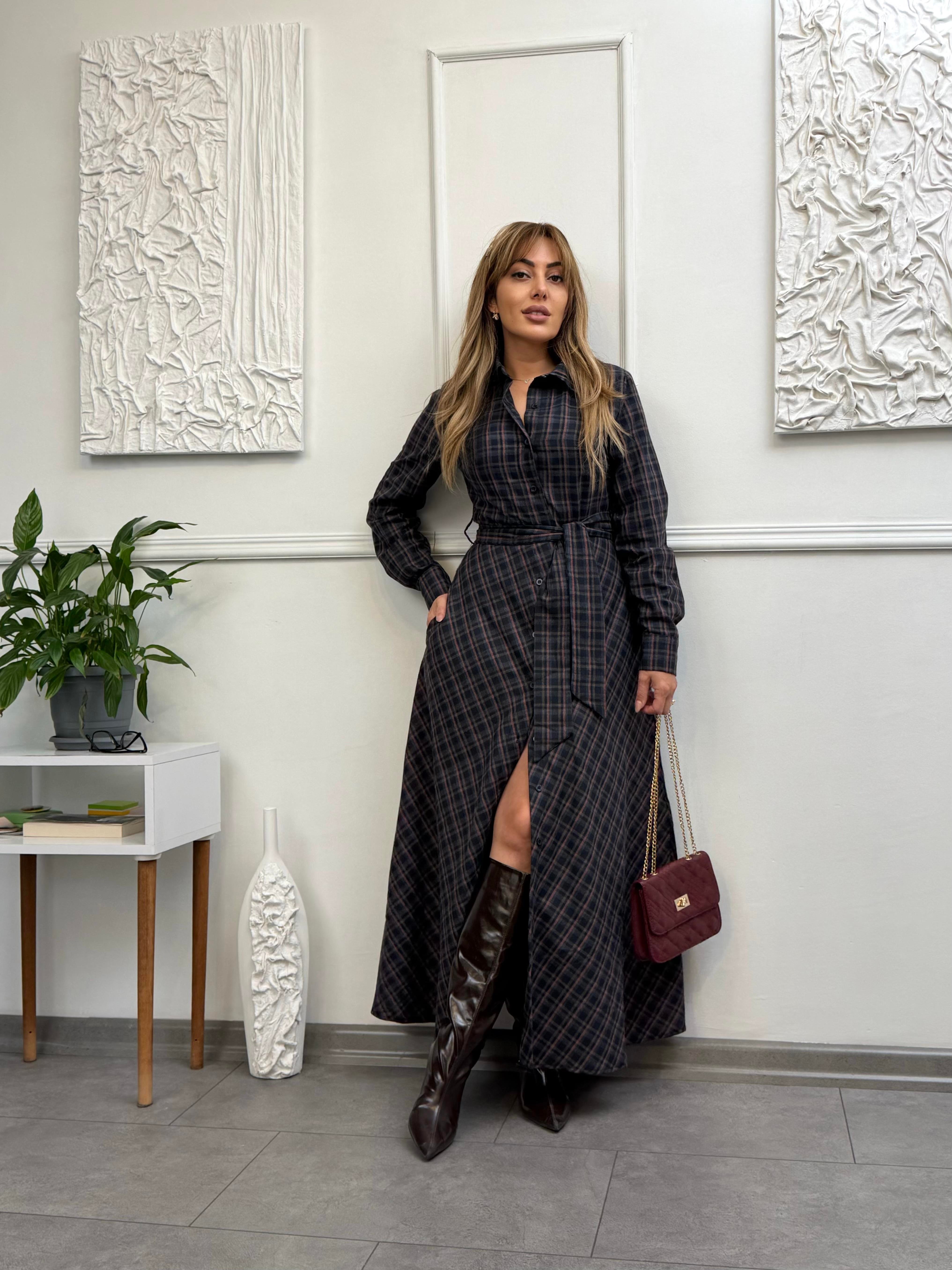 MODAYBUTİKİmperial Bordo Ekose Maxi Gömlek Elbise
