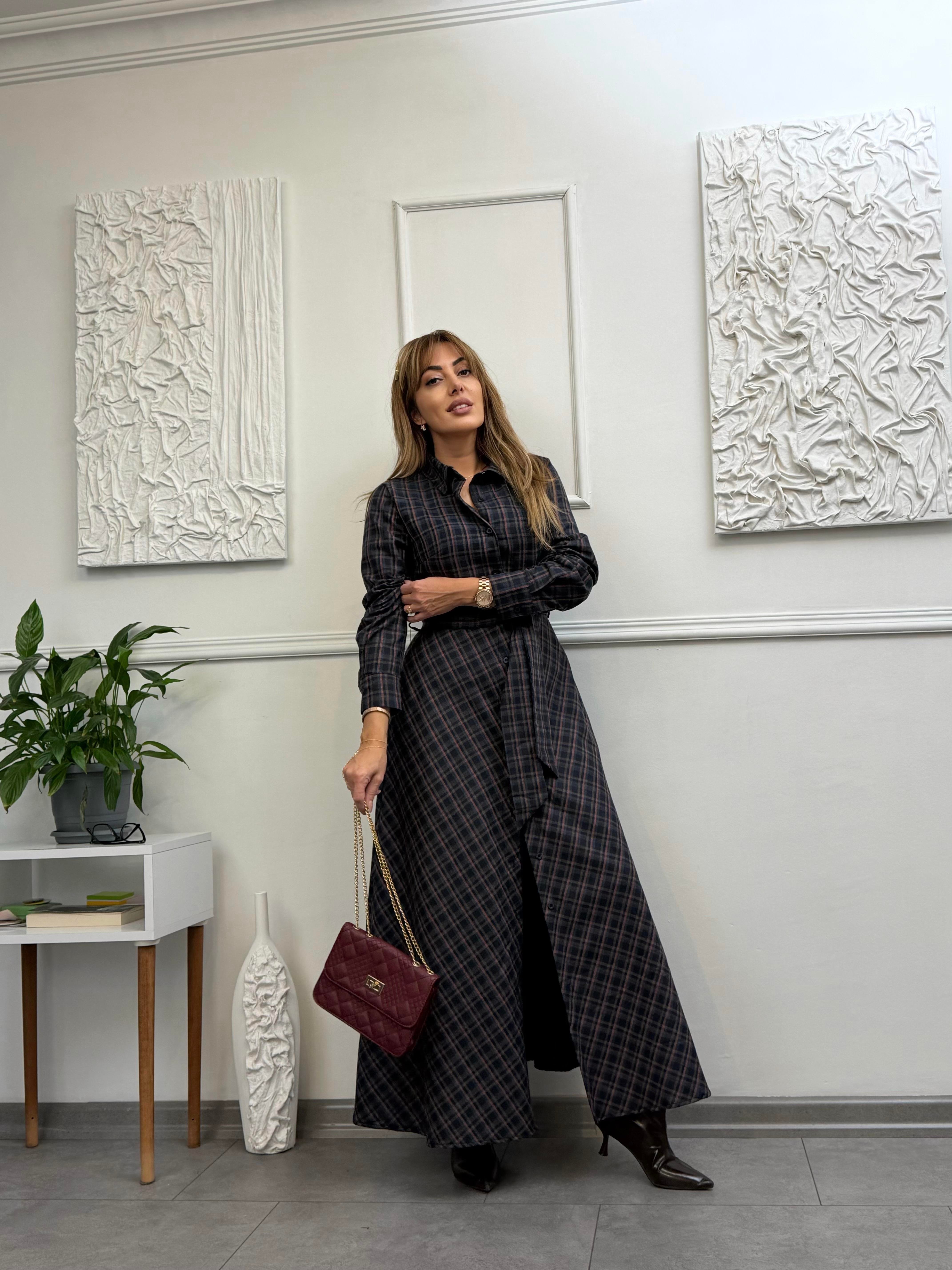 MODAYBUTİKİmperial Bordo Ekose Maxi Gömlek Elbise