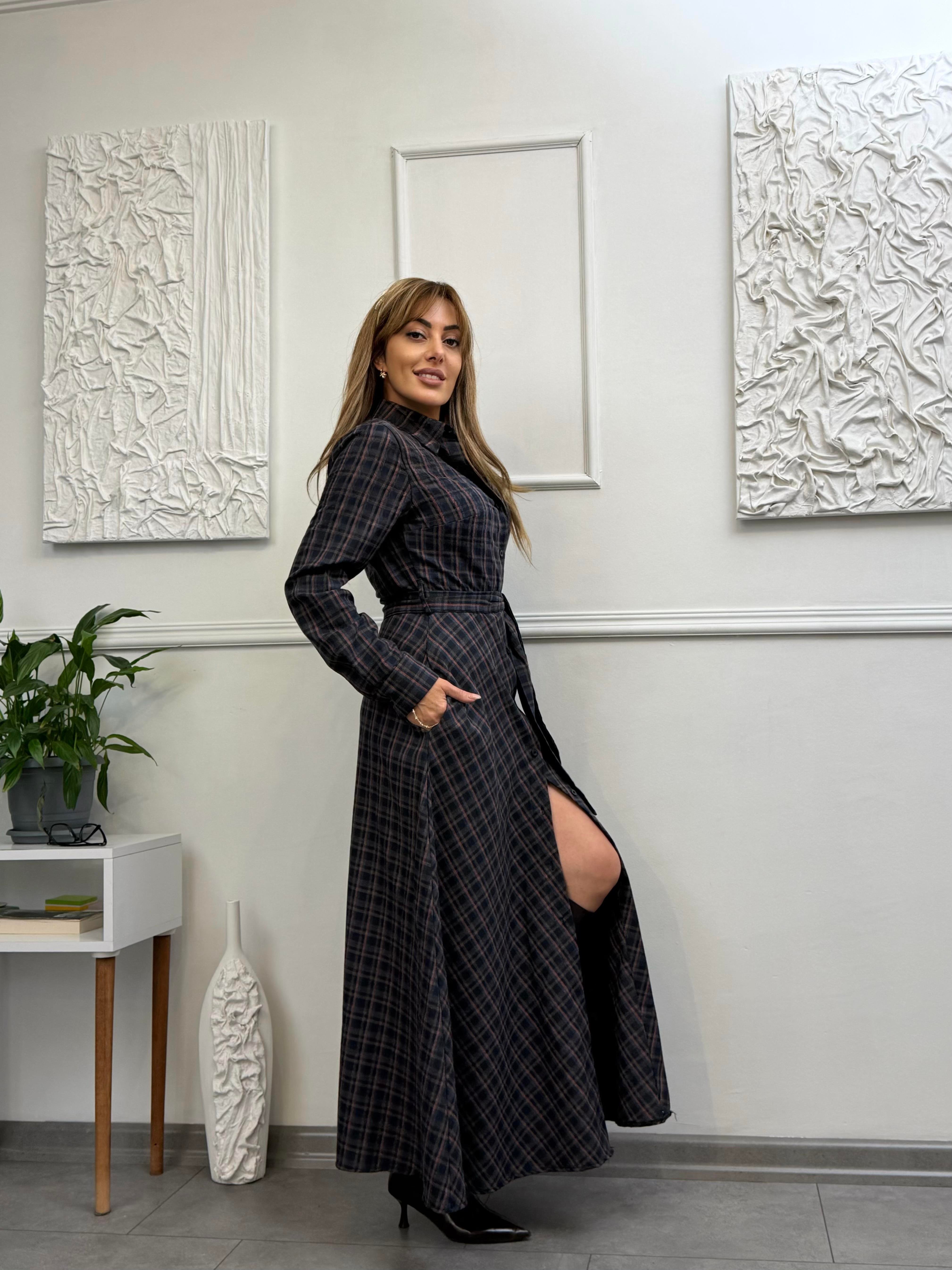 MODAYBUTİKİmperial Bordo Ekose Maxi Gömlek Elbise