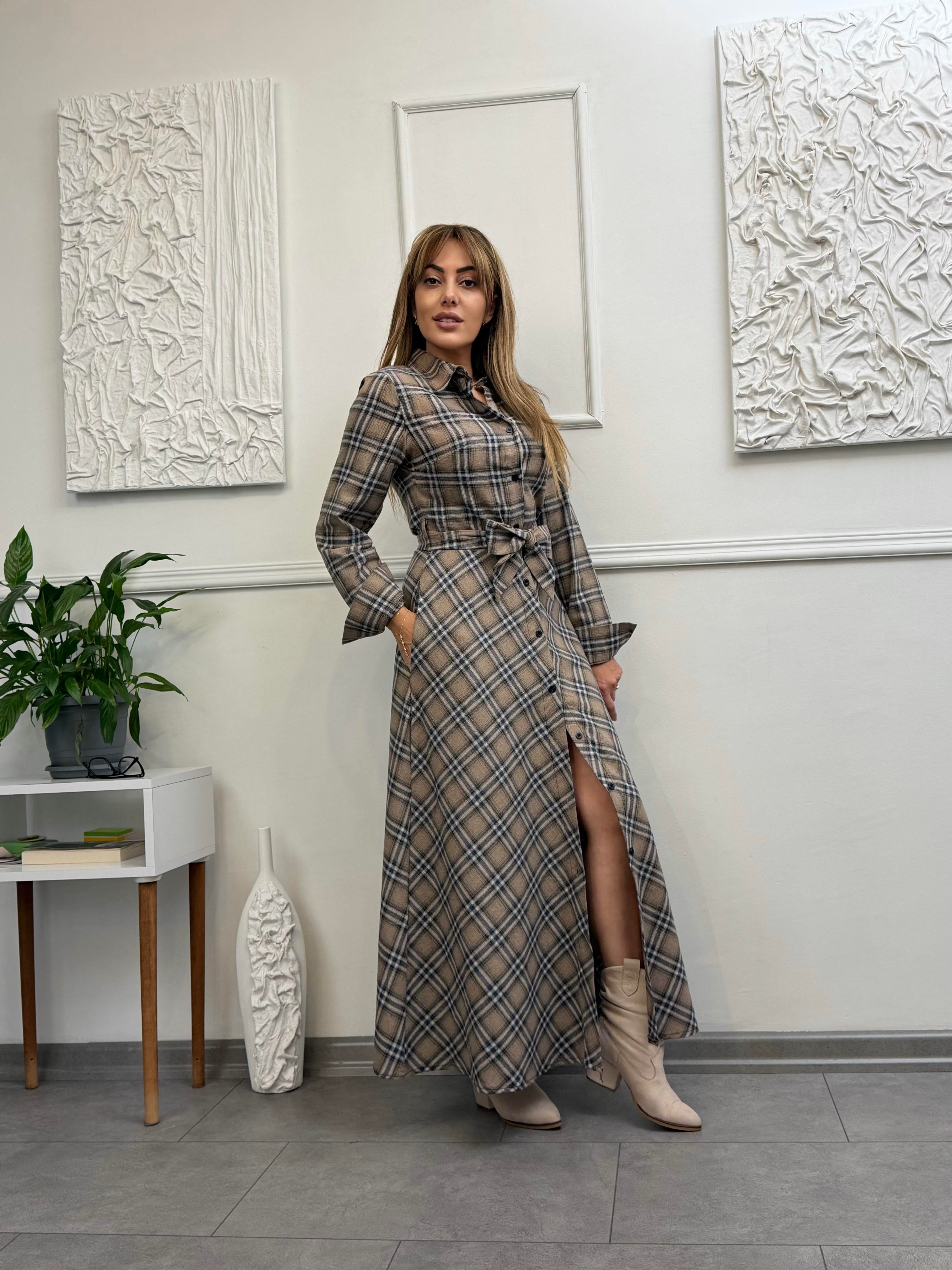 MODAYBUTİKİmperial Krem Ekose Maxi Gömlek Elbise