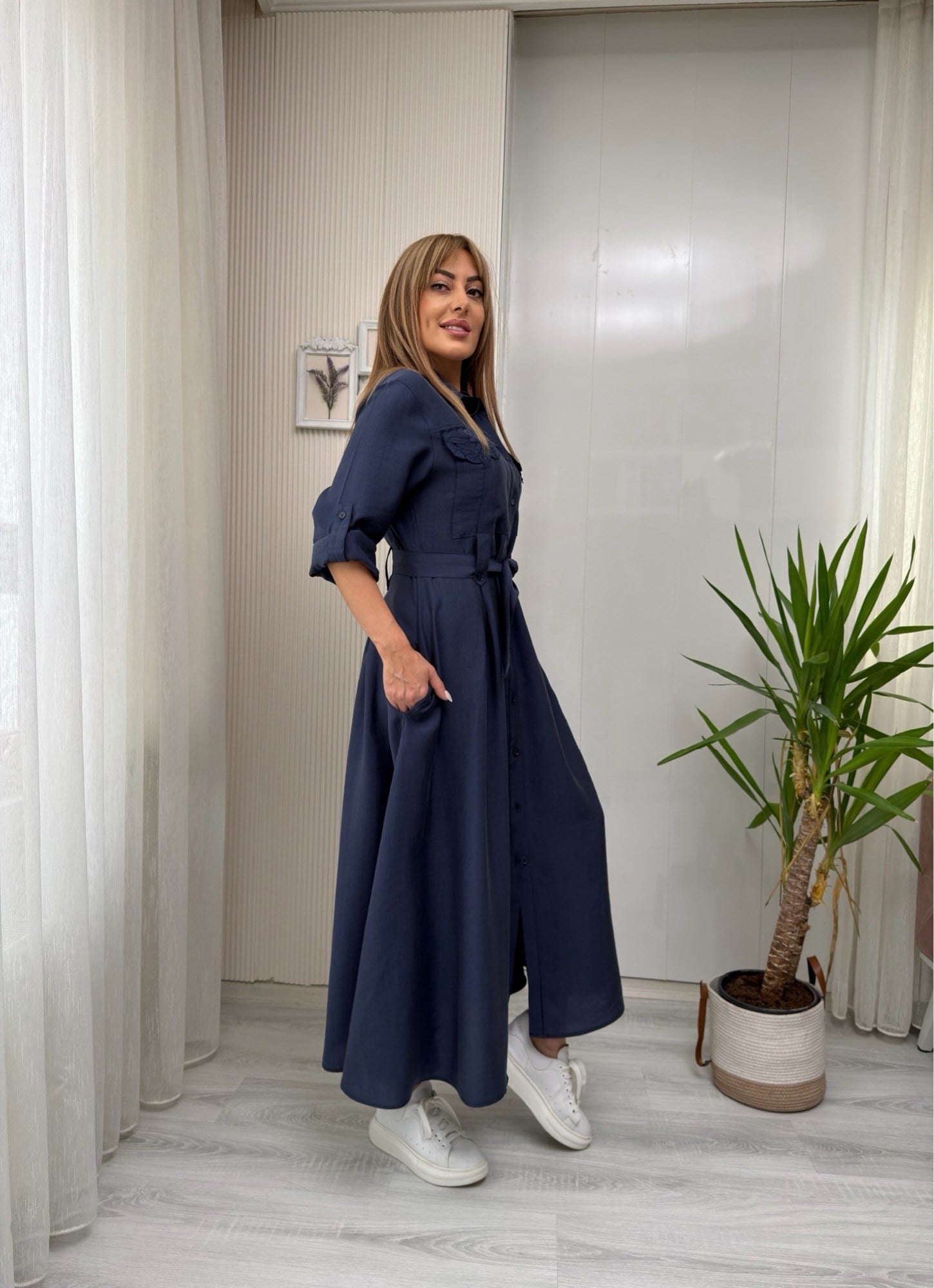 MODAYBUTİKİndigo Kuşaklı Midi Gömlek Elbise 