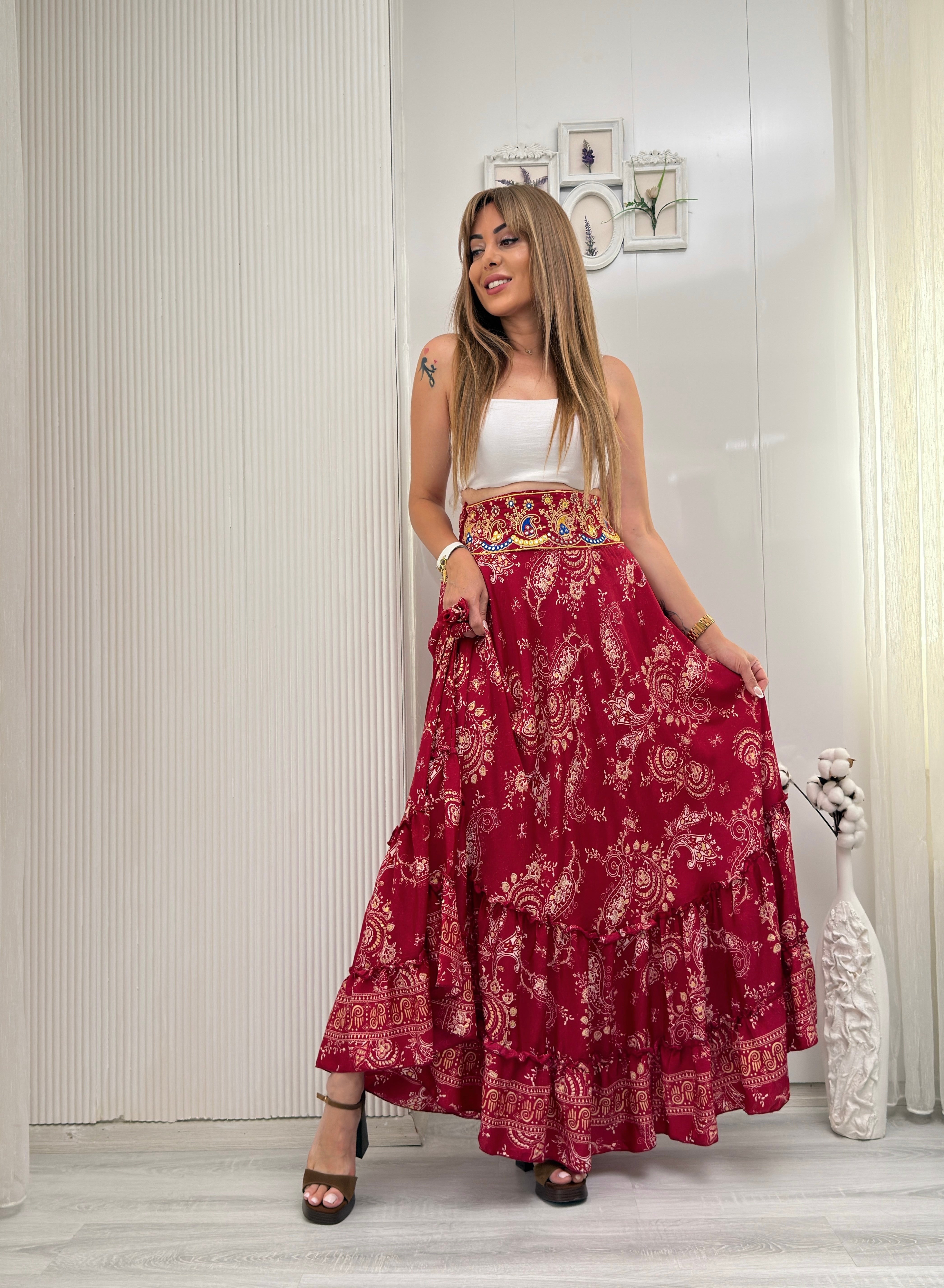 MODAYBUTİKİşlemeli Bel Detaylı Boho Maxi Etek 