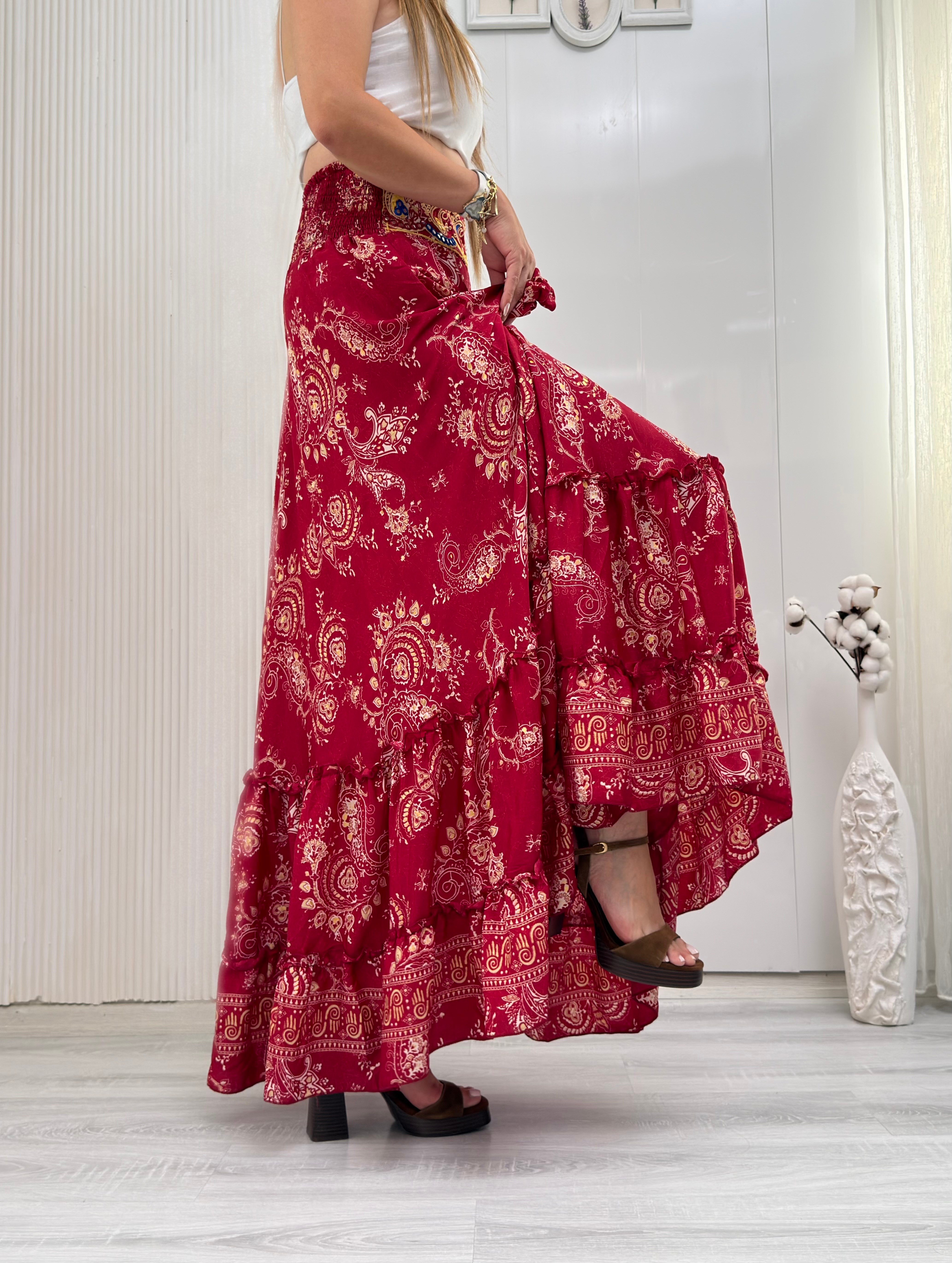 MODAYBUTİKİşlemeli Bel Detaylı Boho Maxi Etek 