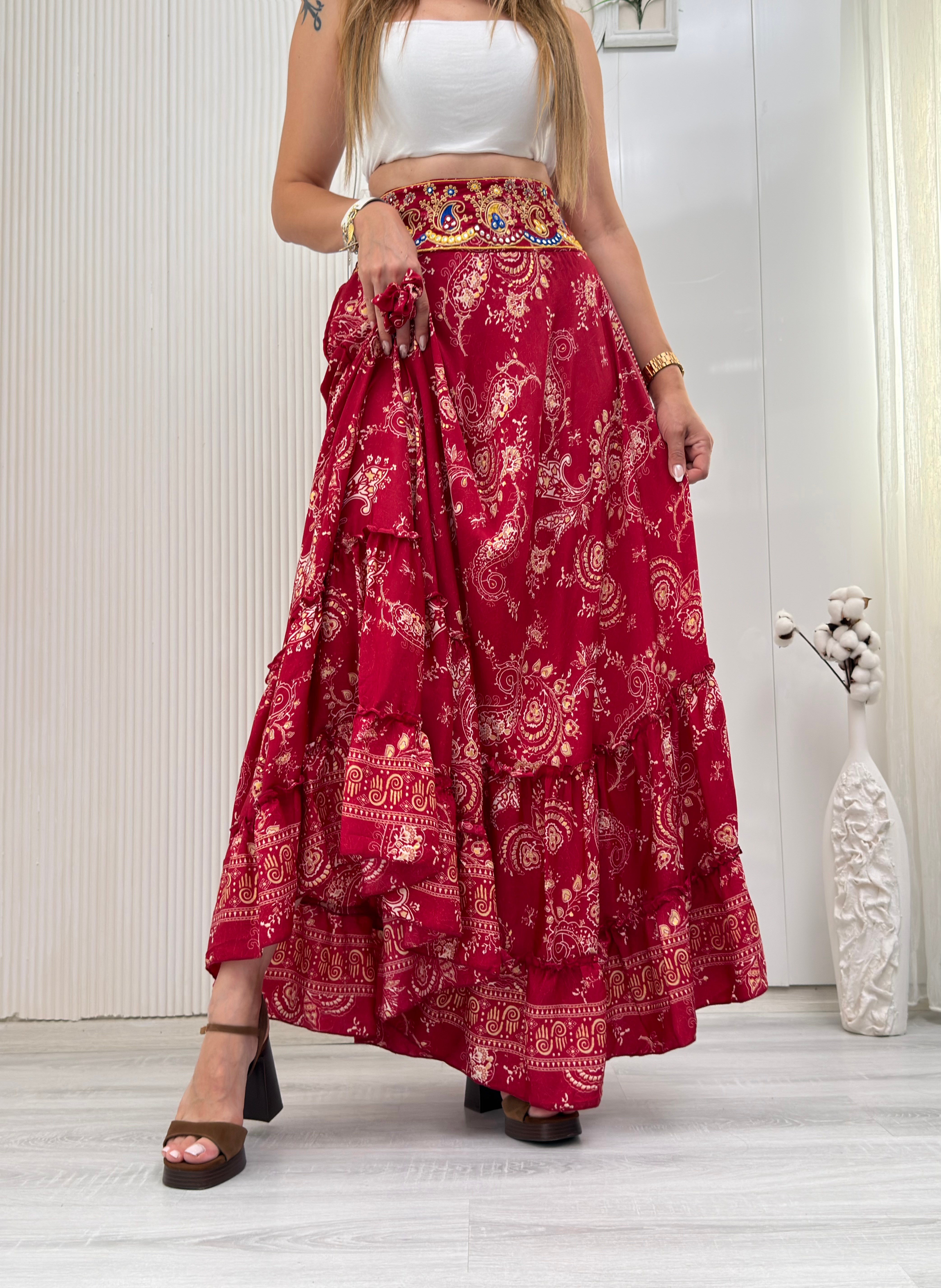 MODAYBUTİKİşlemeli Bel Detaylı Boho Maxi Etek 