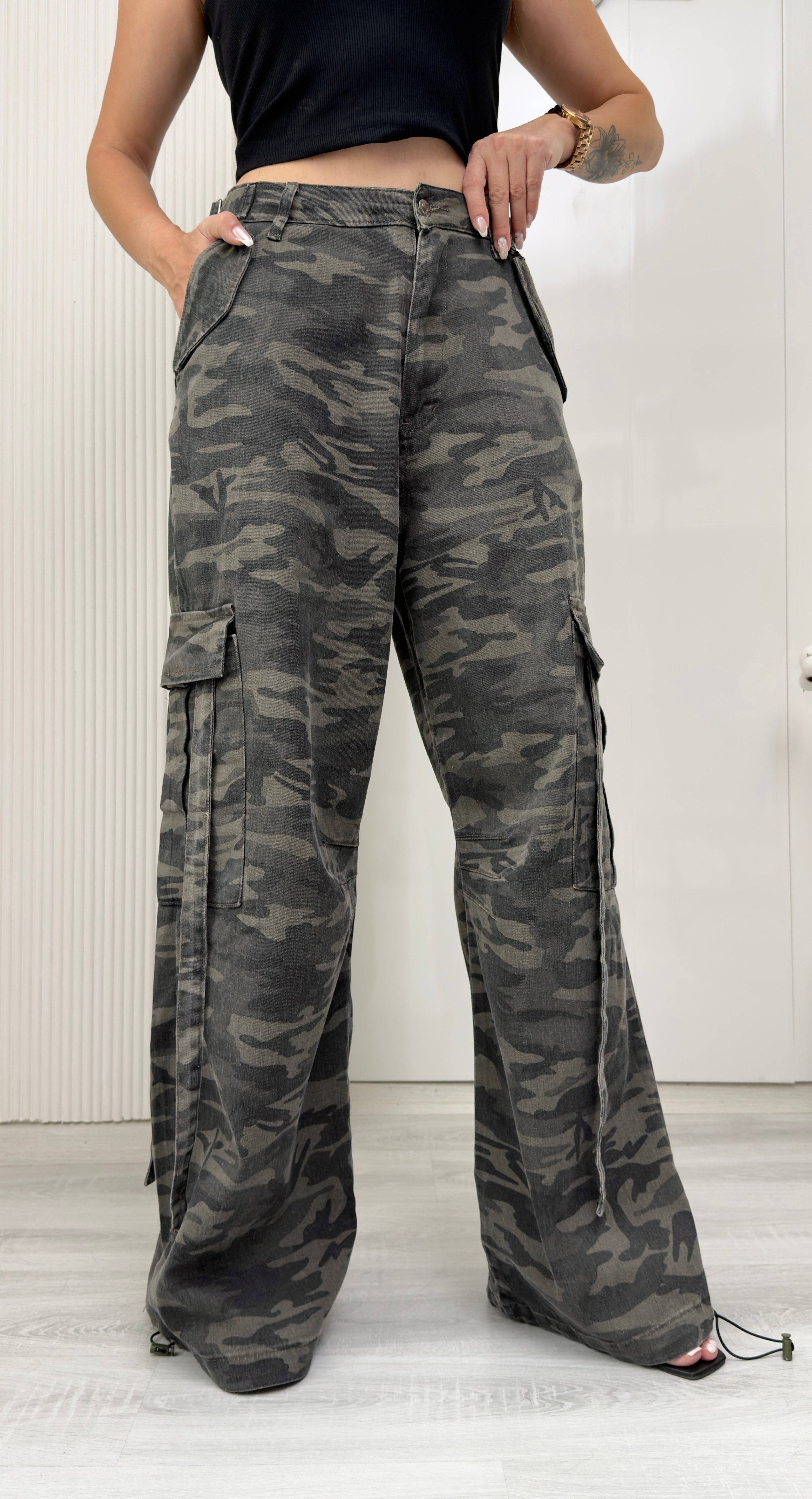 MODAYBUTİKKamuflaj Denim Yüksek Bel Kargo Pantolon 