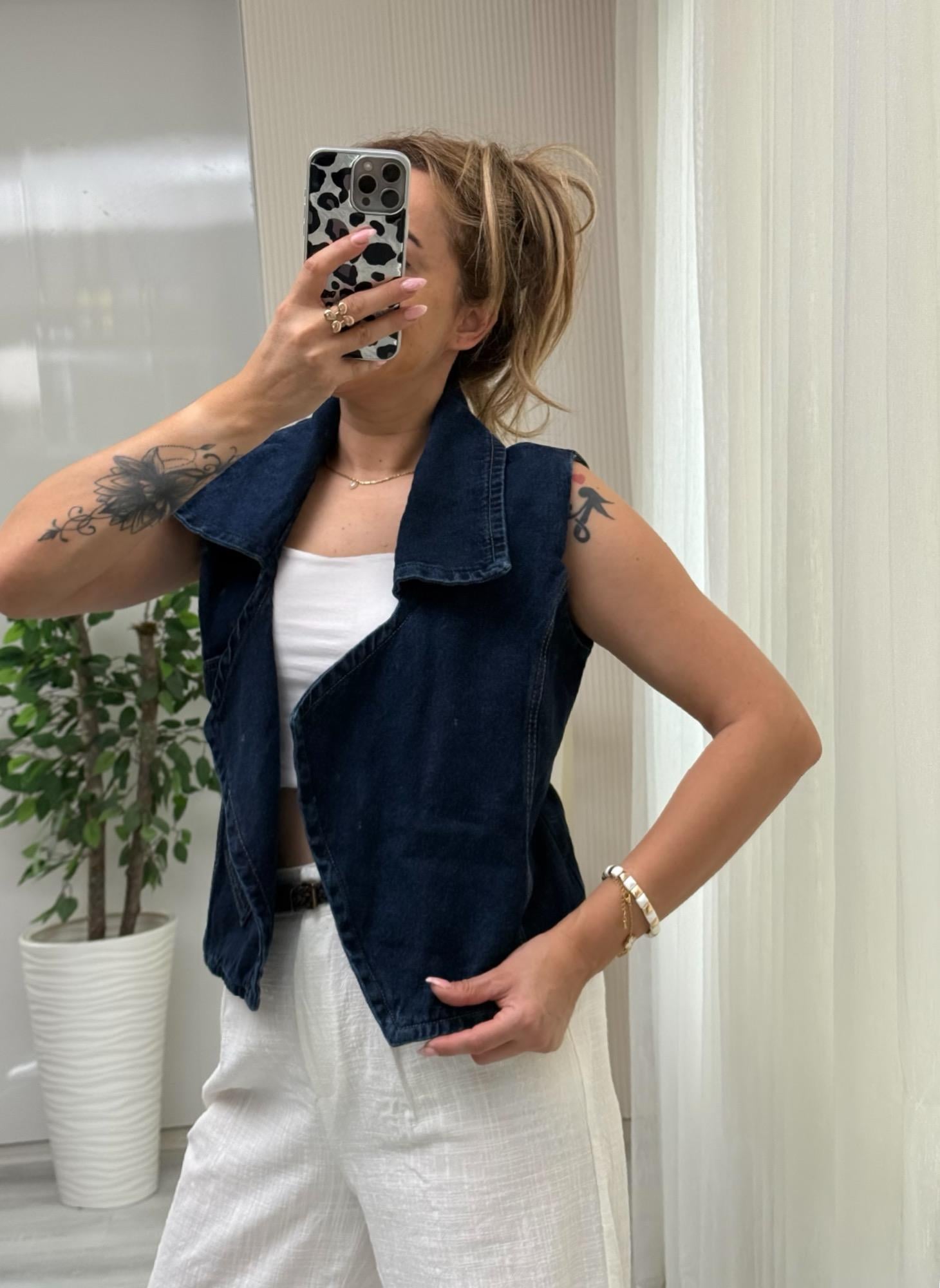 MODAYBUTİKKuşak Detaylı Laci Denim Yelek