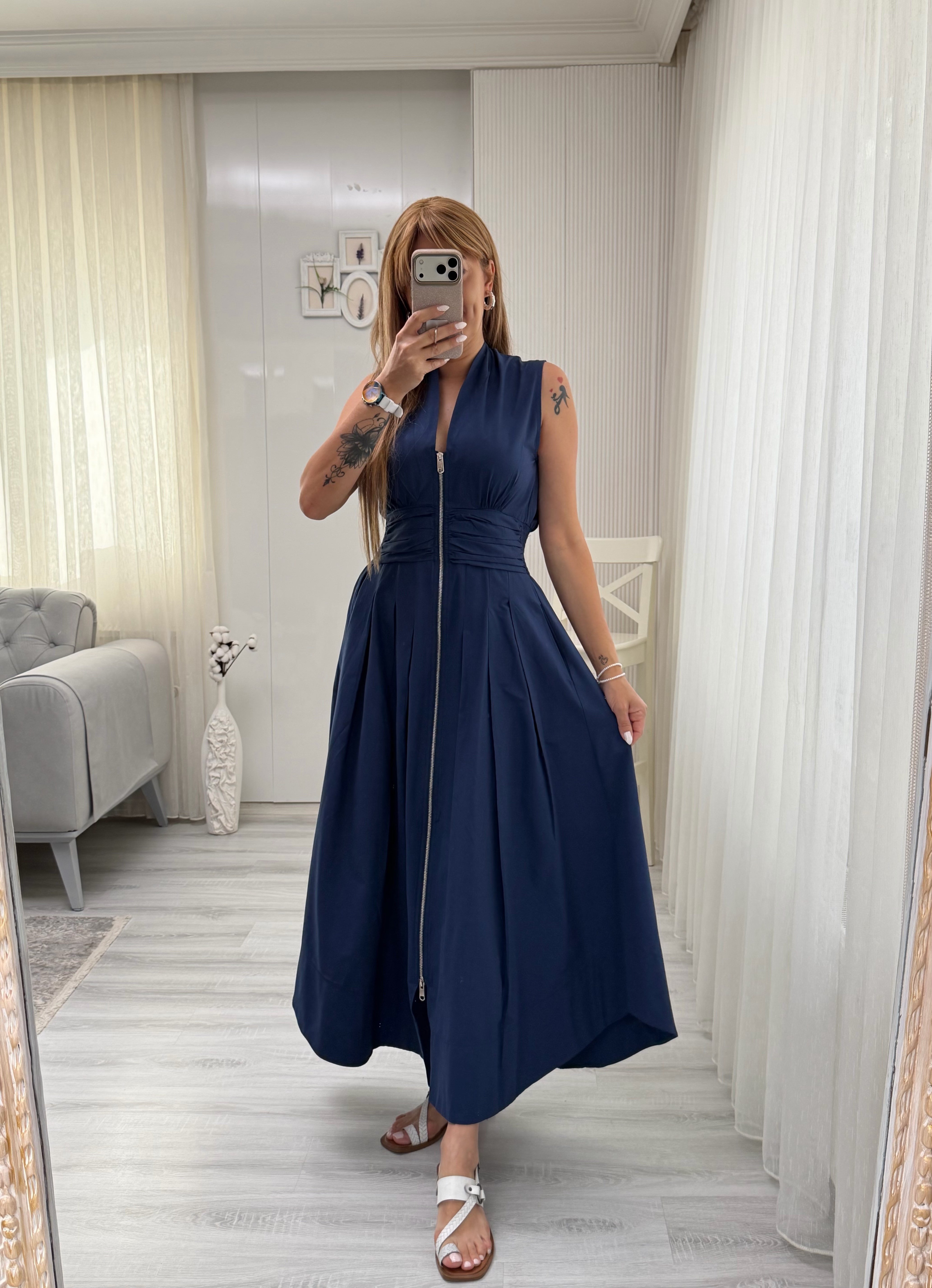 MODAYBUTİKLaci Ön Fermuar Detay Bel Büzgülğ Midi Elbise
