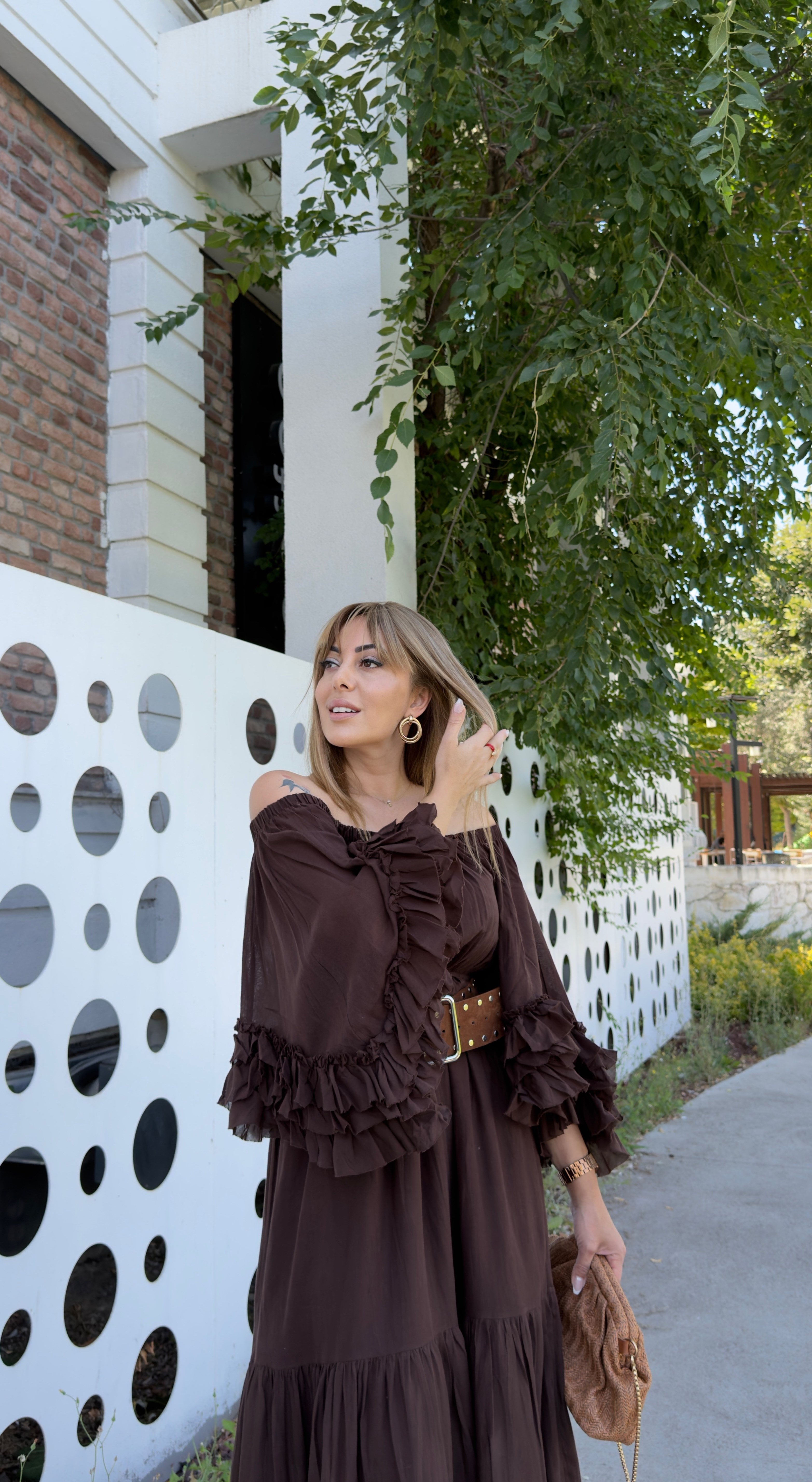MODAYBUTİKLuna Fırfır Detaylı Kahve Pamuk Elbise