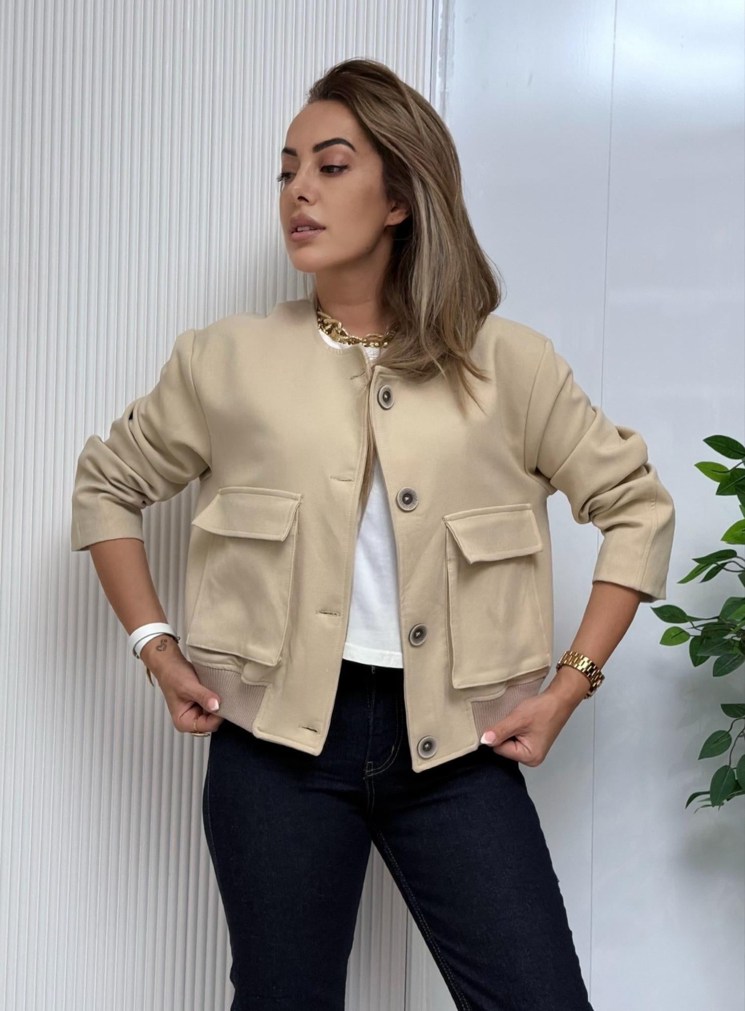 MODAYBUTİKMinimal Bej Bomber Ceket 