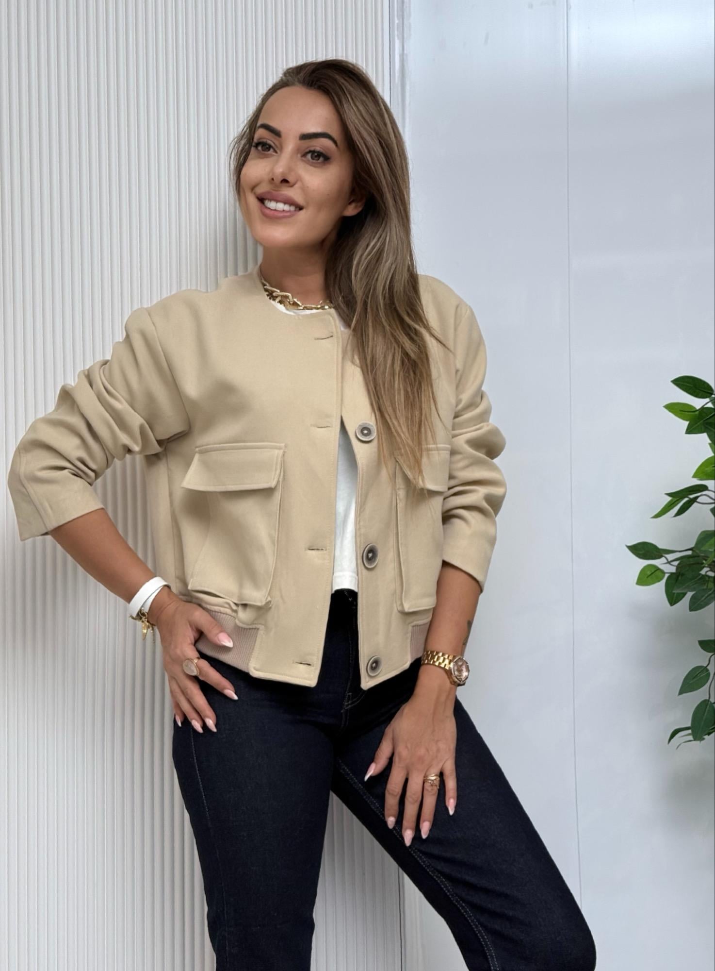 MODAYBUTİKMinimal Bej Bomber Ceket 