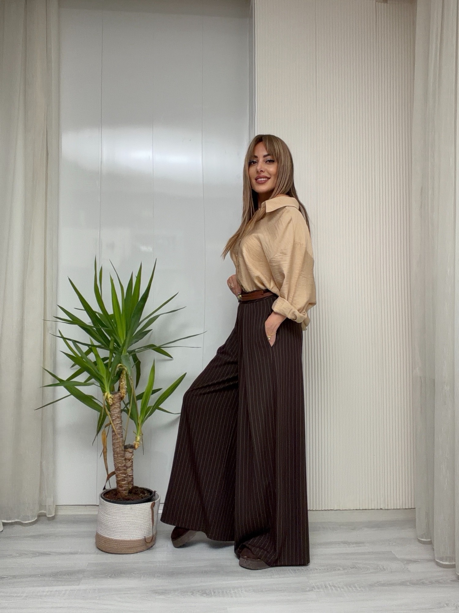 MODAYBUTİKMinimal Çizgili Yüksek Bel Bol Paça Kahve Palazzo Pantolon