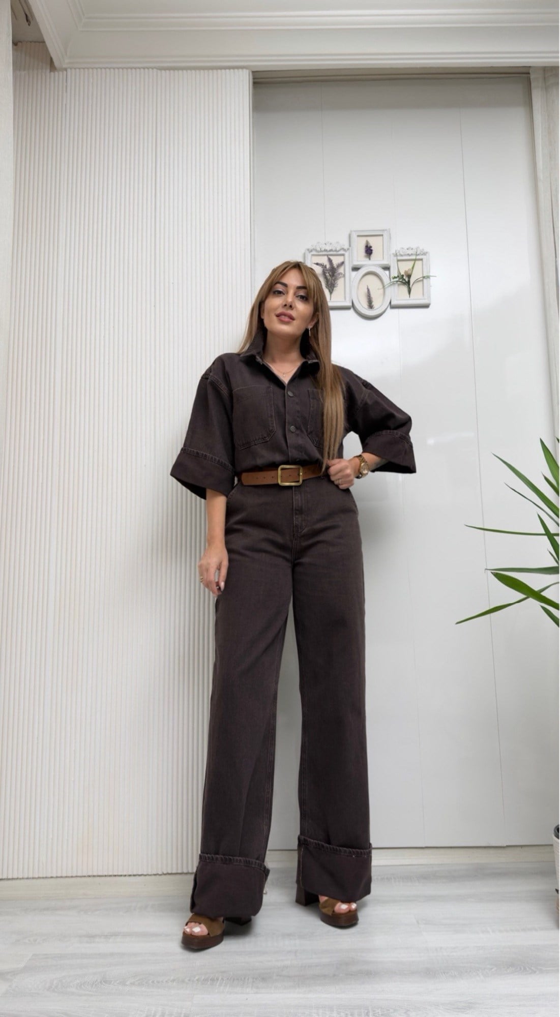 MODAYBUTİKMocha Denim Yıkamalı Tulum