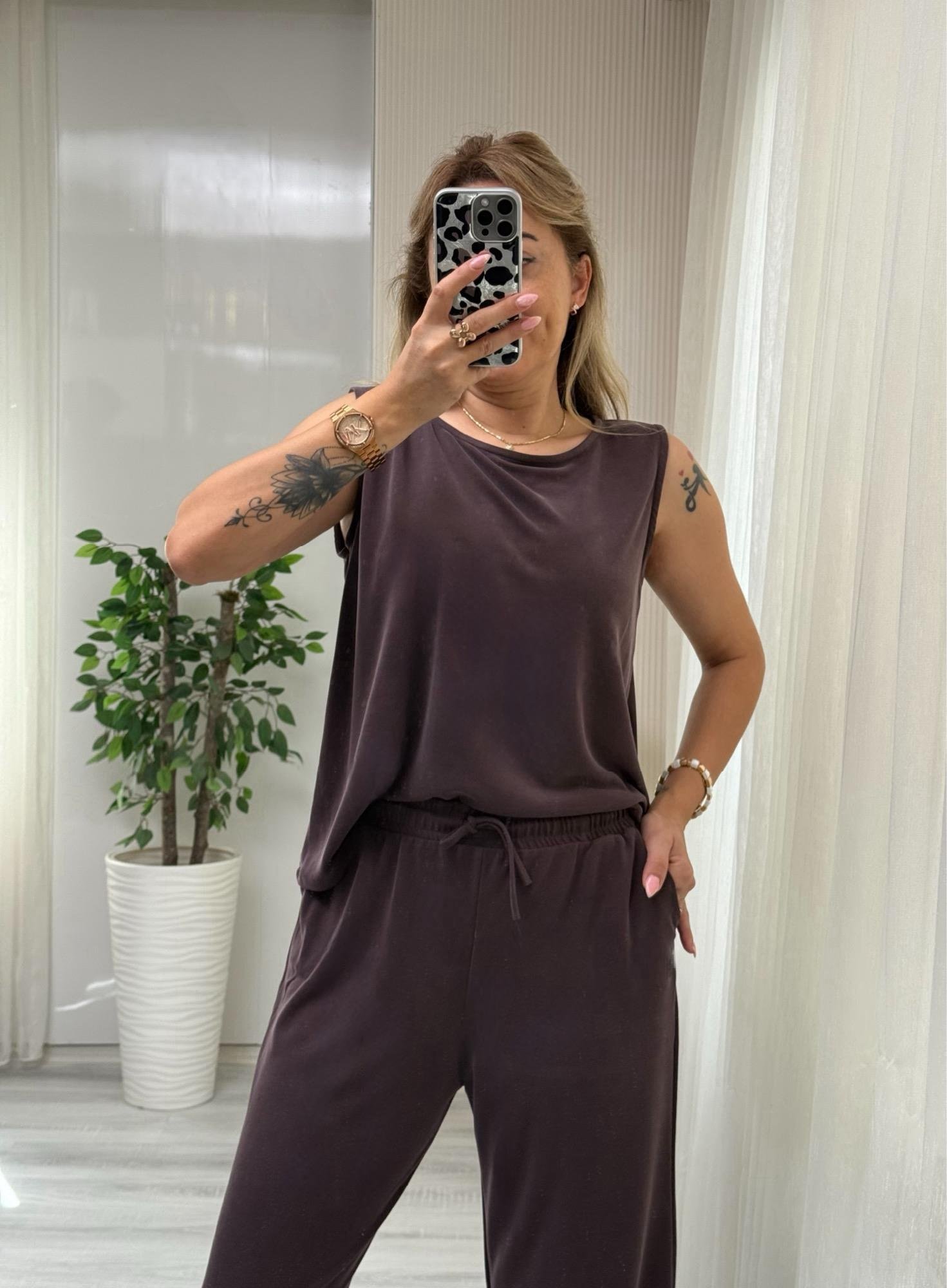 MODAYBUTİKModal Pike Kumaş Acı Kahve Bluz PantolonTakım