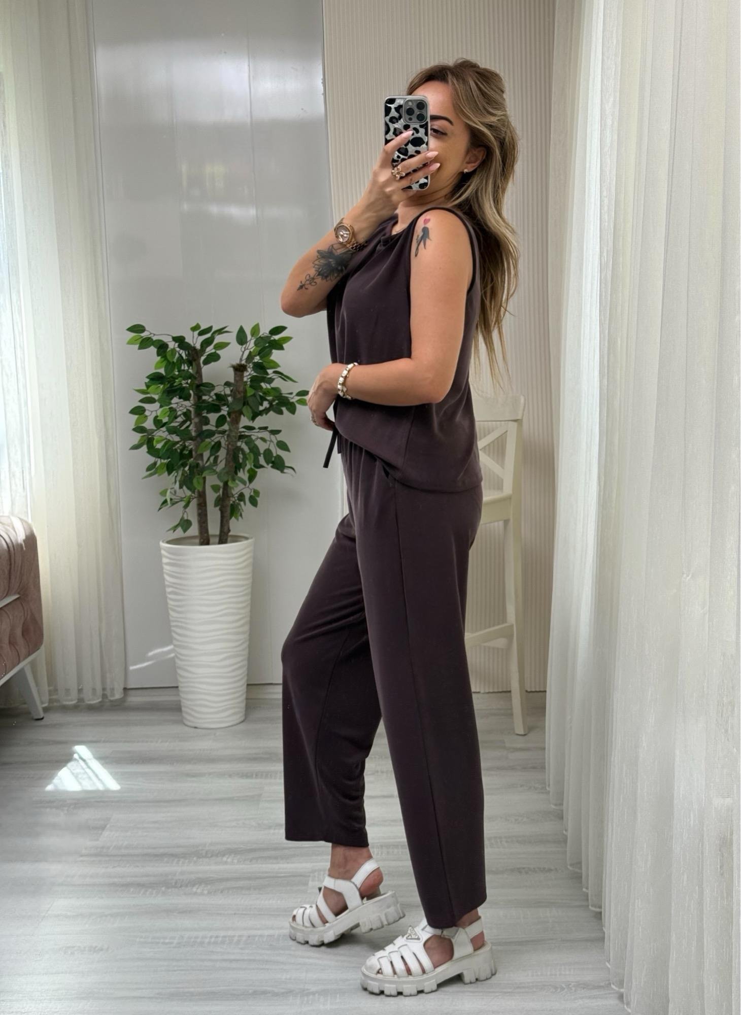 MODAYBUTİKModal Pike Kumaş Acı Kahve Bluz PantolonTakım